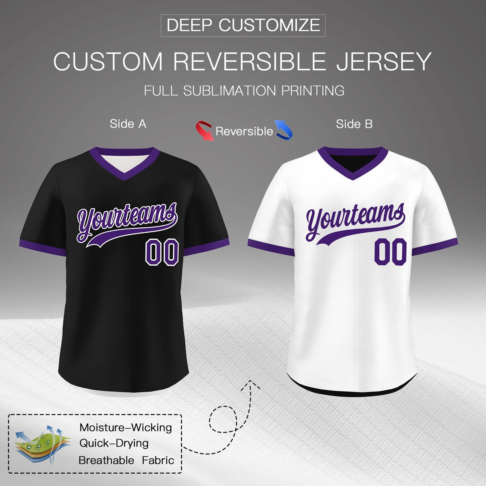 Custom White Black Purple Reversible Classic Style Quick Dry Baseball Jersey| KXKSHOP