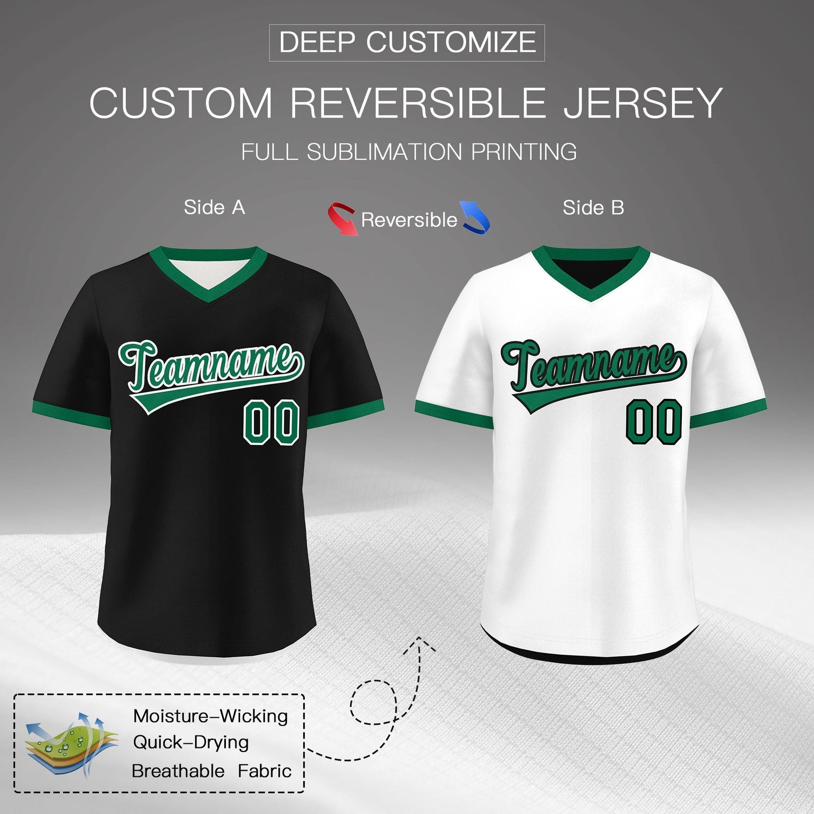 Custom White Black Kelly Green Reversible Classic Style Breathable Baseball Jersey| KXKSHOP