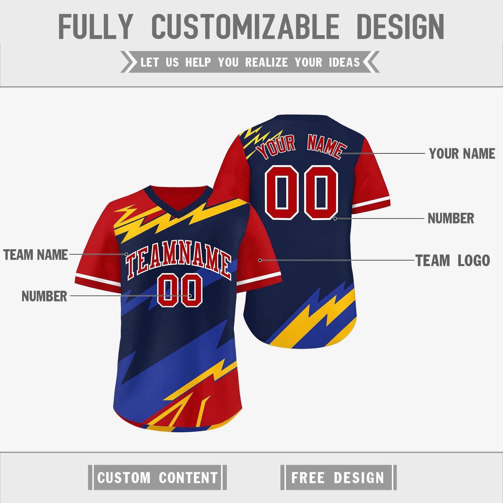 Custom Navy Red Yellow Reversible Tops Lightning Pattern Graffiti Pattern Pullover V-Neck Baseball Jersey| KXKSHOP