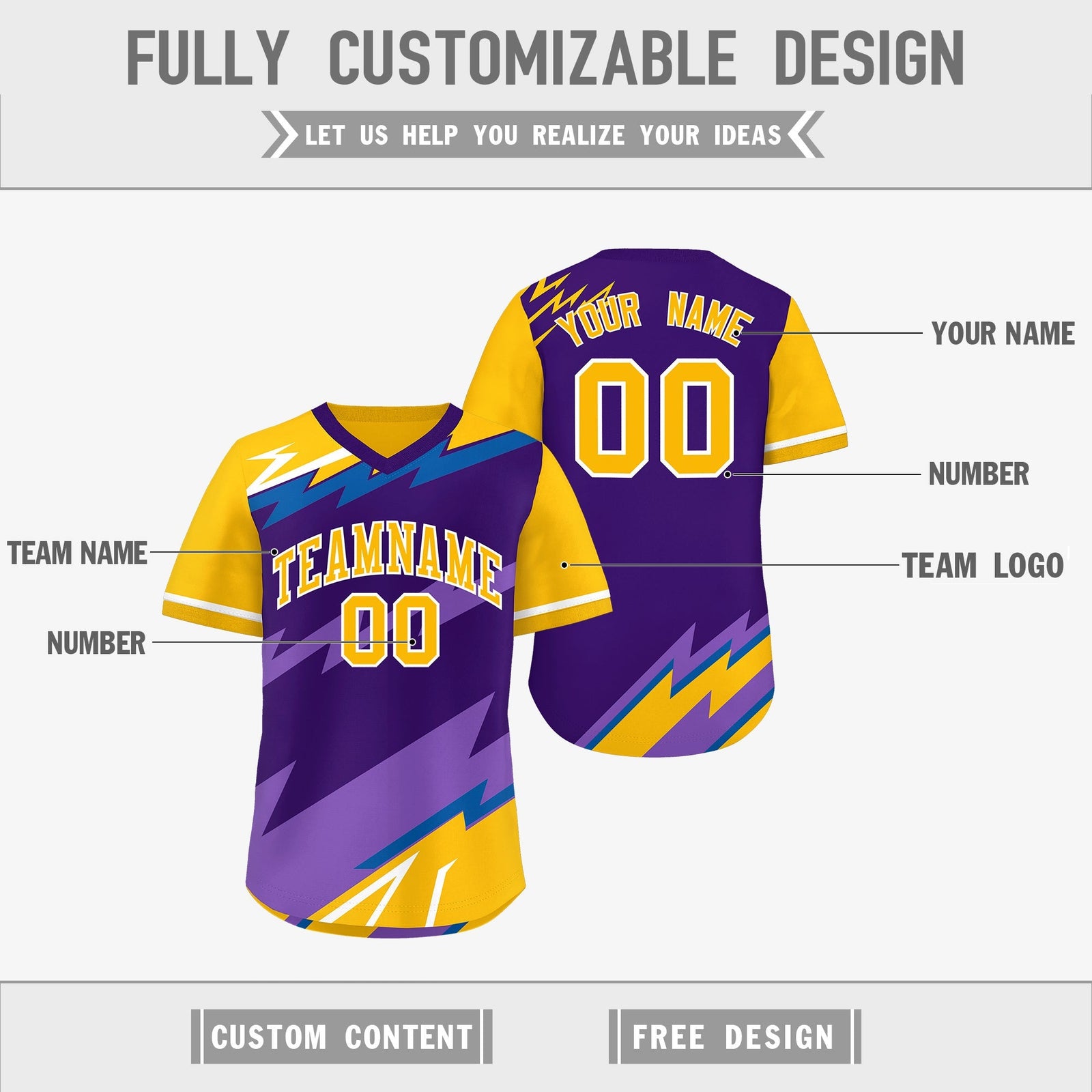 Custom Purple Royal Yellow Reversible Tops Lightning Pattern Graffiti Pattern Pullover V-Neck Baseball Jersey| KXKSHOP