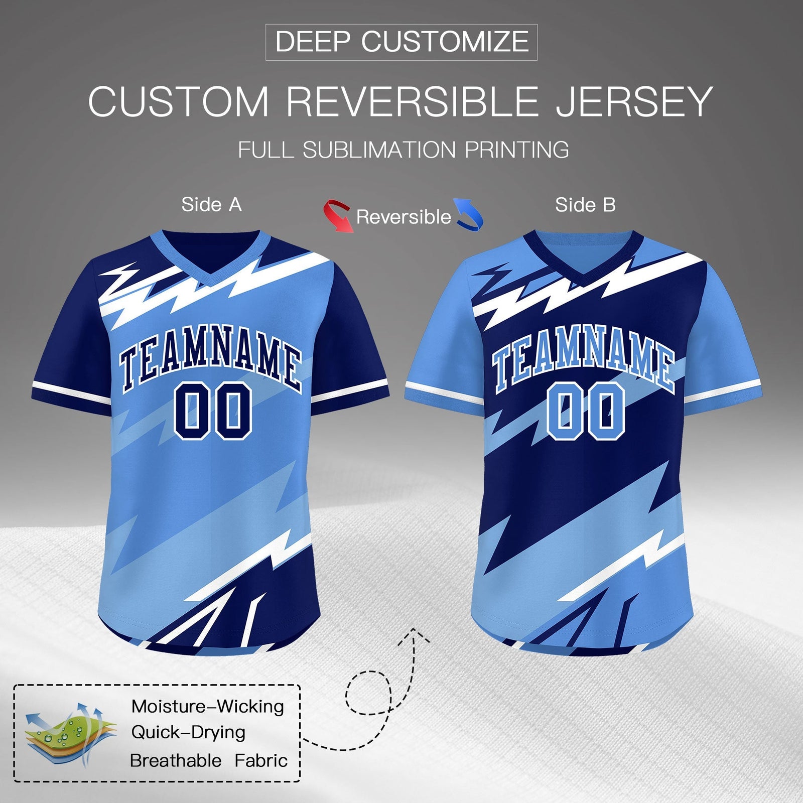 Custom Light Blue Powder Blue White Reversible Tops Lightning Pattern Graffiti Pattern Pullover V-Neck Baseball Jersey| KXKSHOP