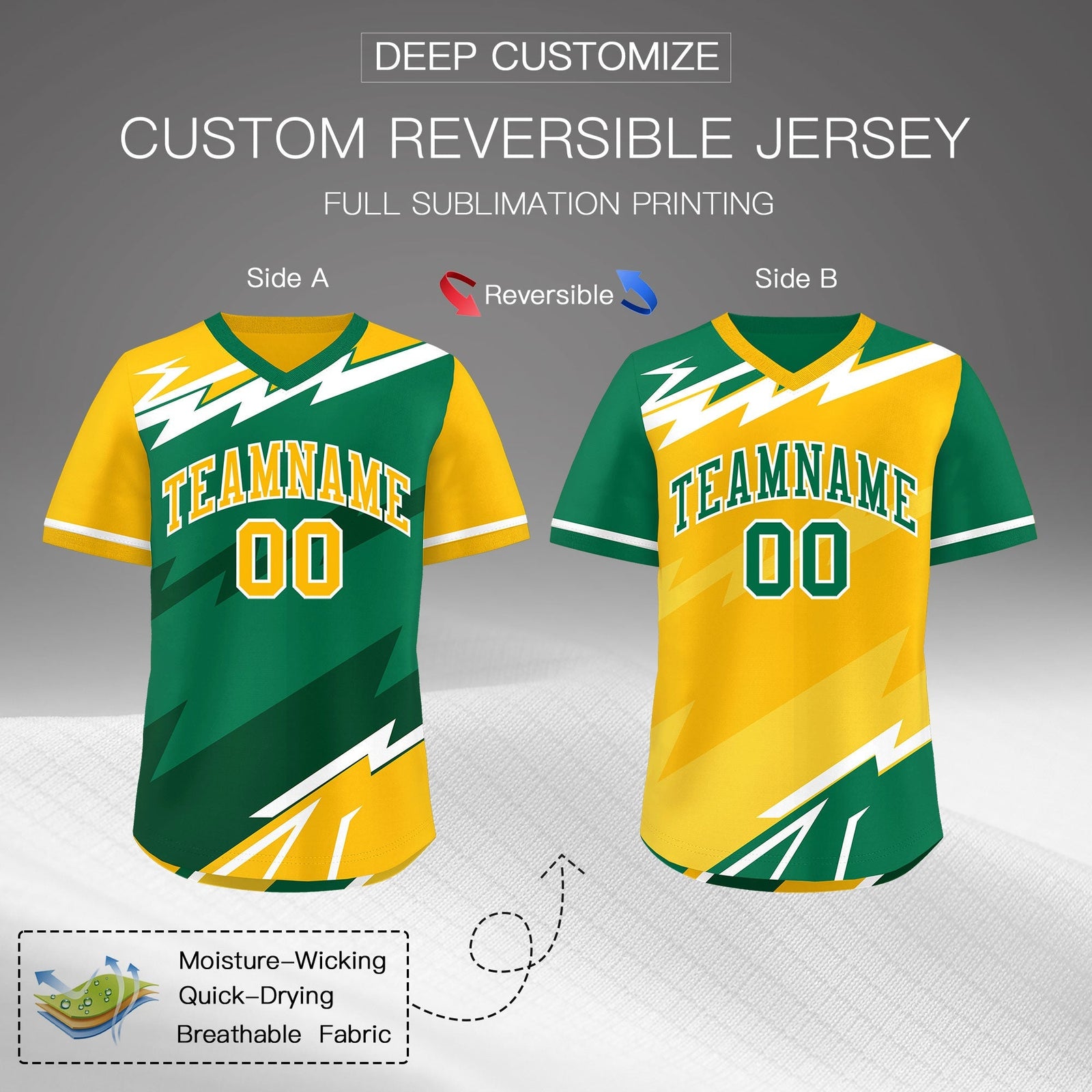 Custom Kelly Green Dark Green Yellow Reversible Tops Lightning Pattern Graffiti Pattern Pullover V-Neck Baseball Jersey| KXKSHOP