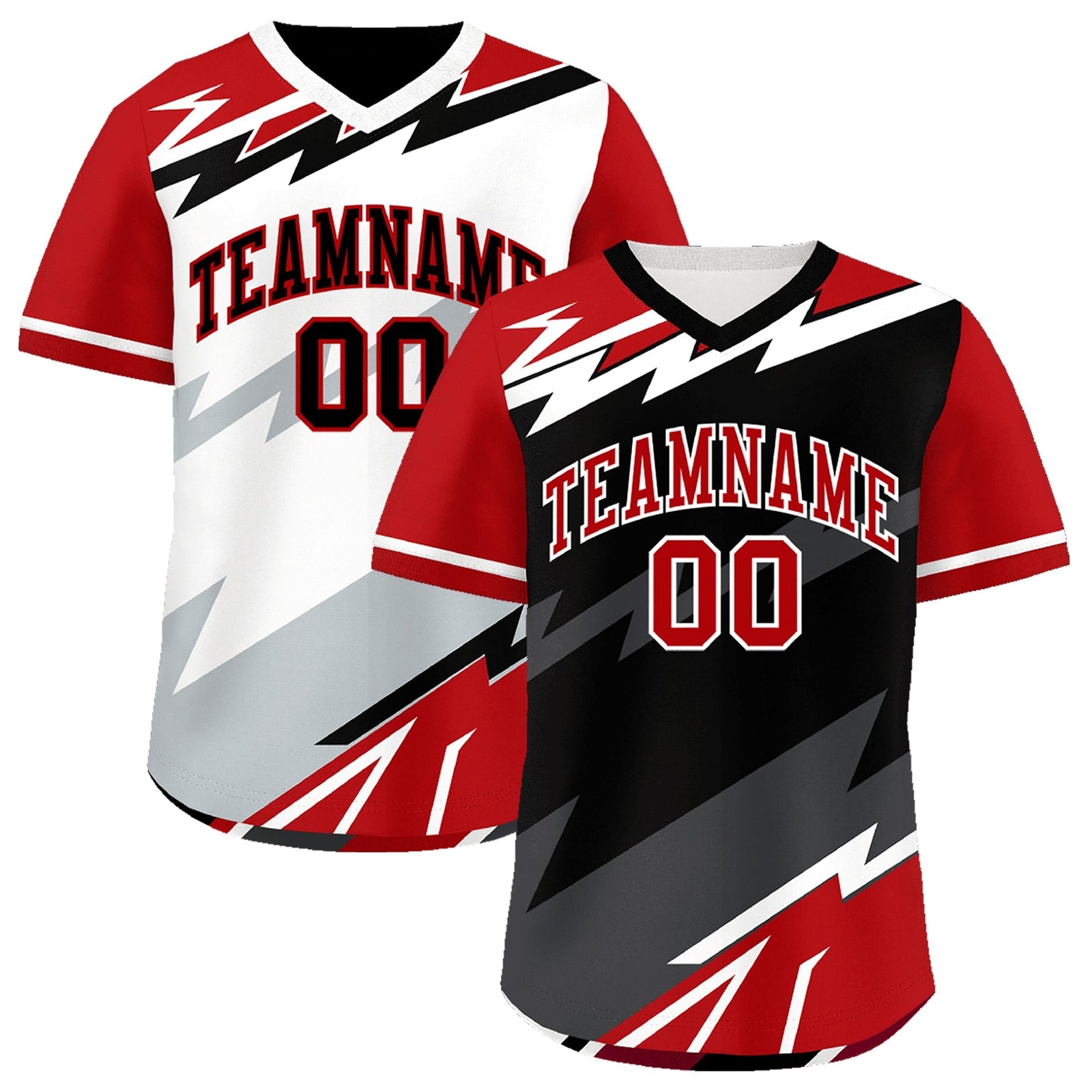 Custom Black White Red Reversible Tops Lightning Pattern Graffiti Pattern Pullover V-Neck Baseball Jersey| KXKSHOP