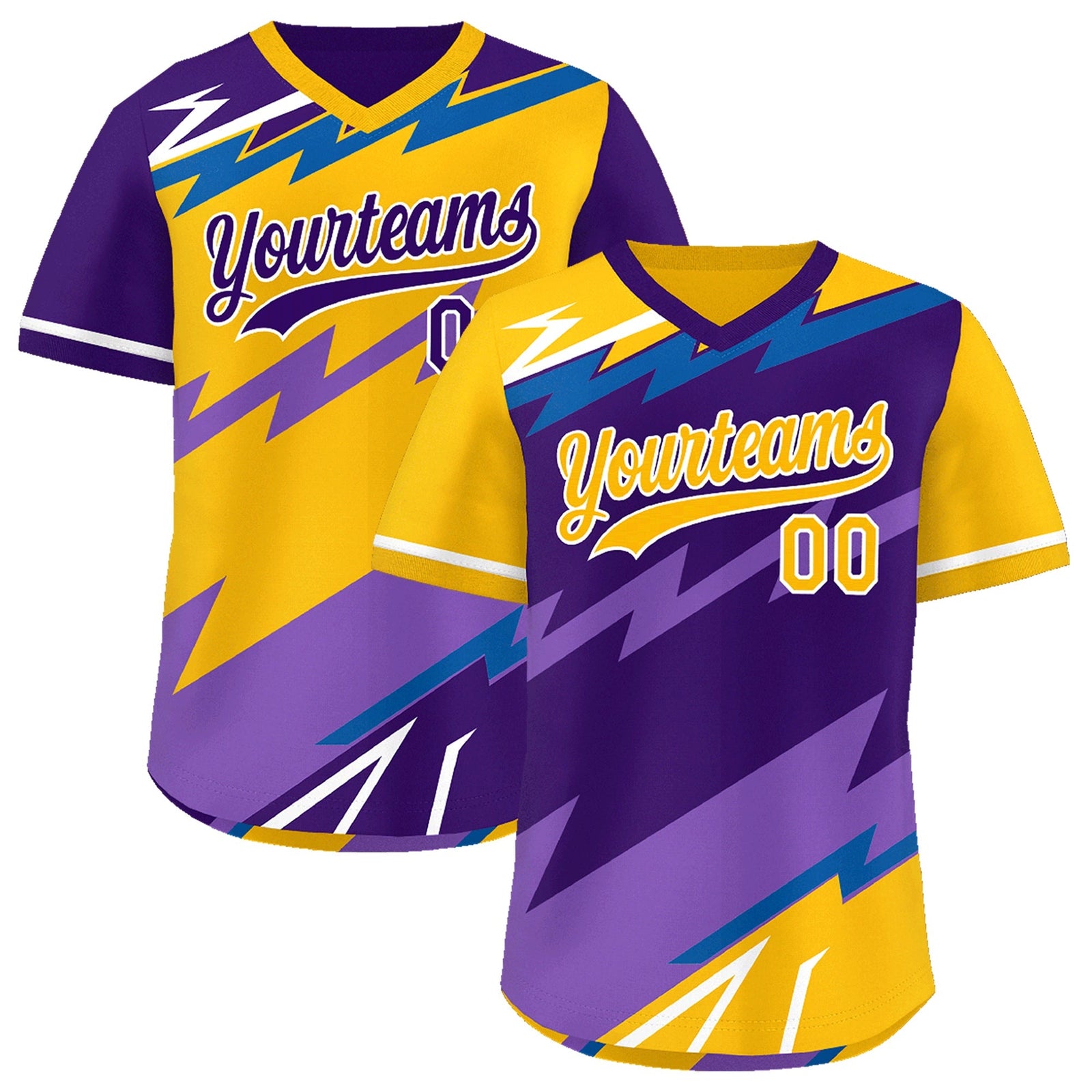 Custom Purple Royal Yellow Reversible Tops Lightning Pattern Graffiti Pattern Pullover V-Neck Baseball Jersey| KXKSHOP