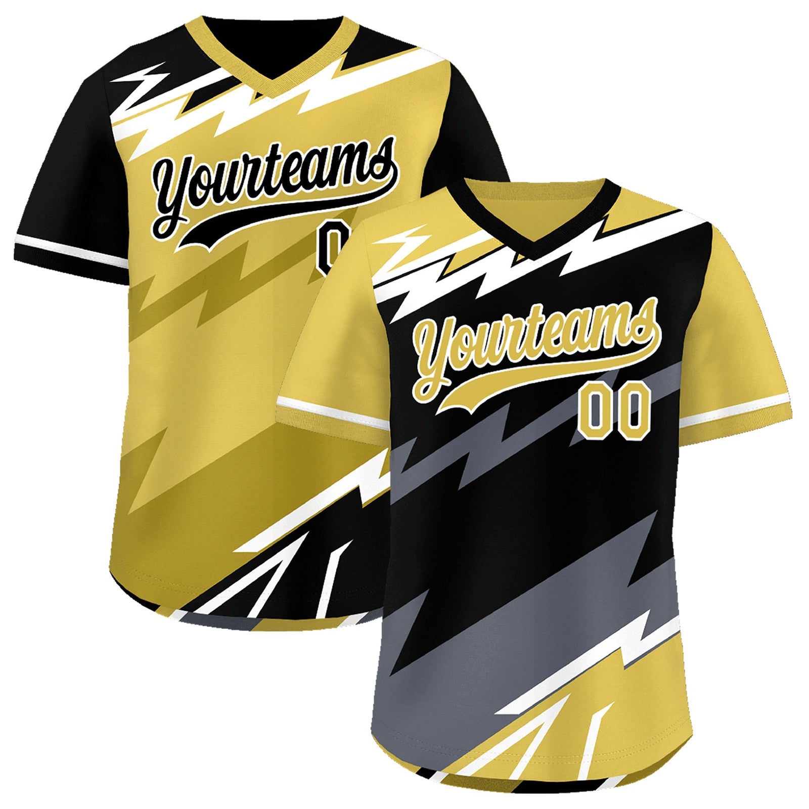 Custom Black Old Gold Gray Reversible Tops Lightning Pattern Graffiti Pattern Pullover V-Neck Baseball Jersey| KXKSHOP