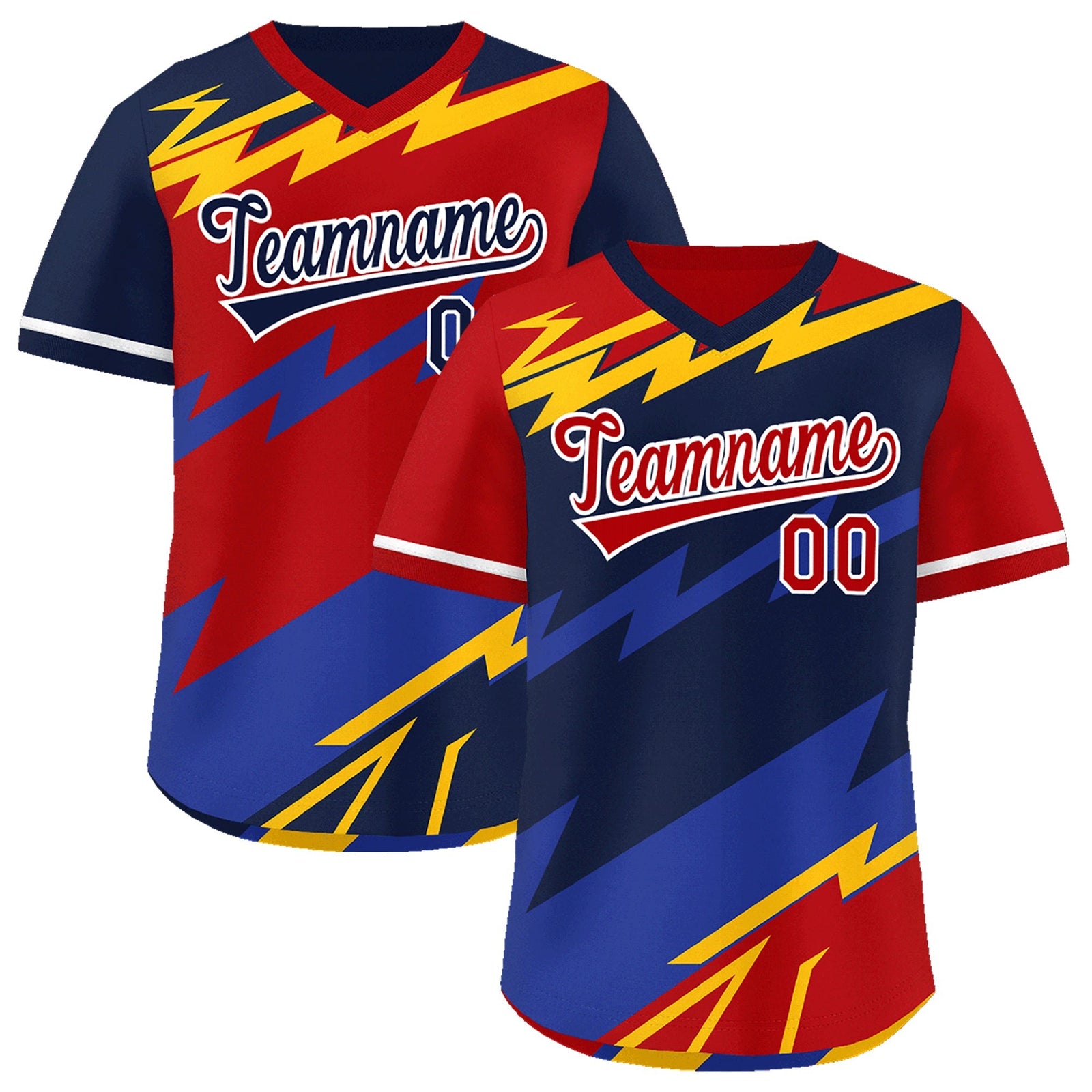 Custom Navy Red Yellow Reversible Tops Lightning Pattern Graffiti Pattern Pullover V-Neck Baseball Jersey| KXKSHOP