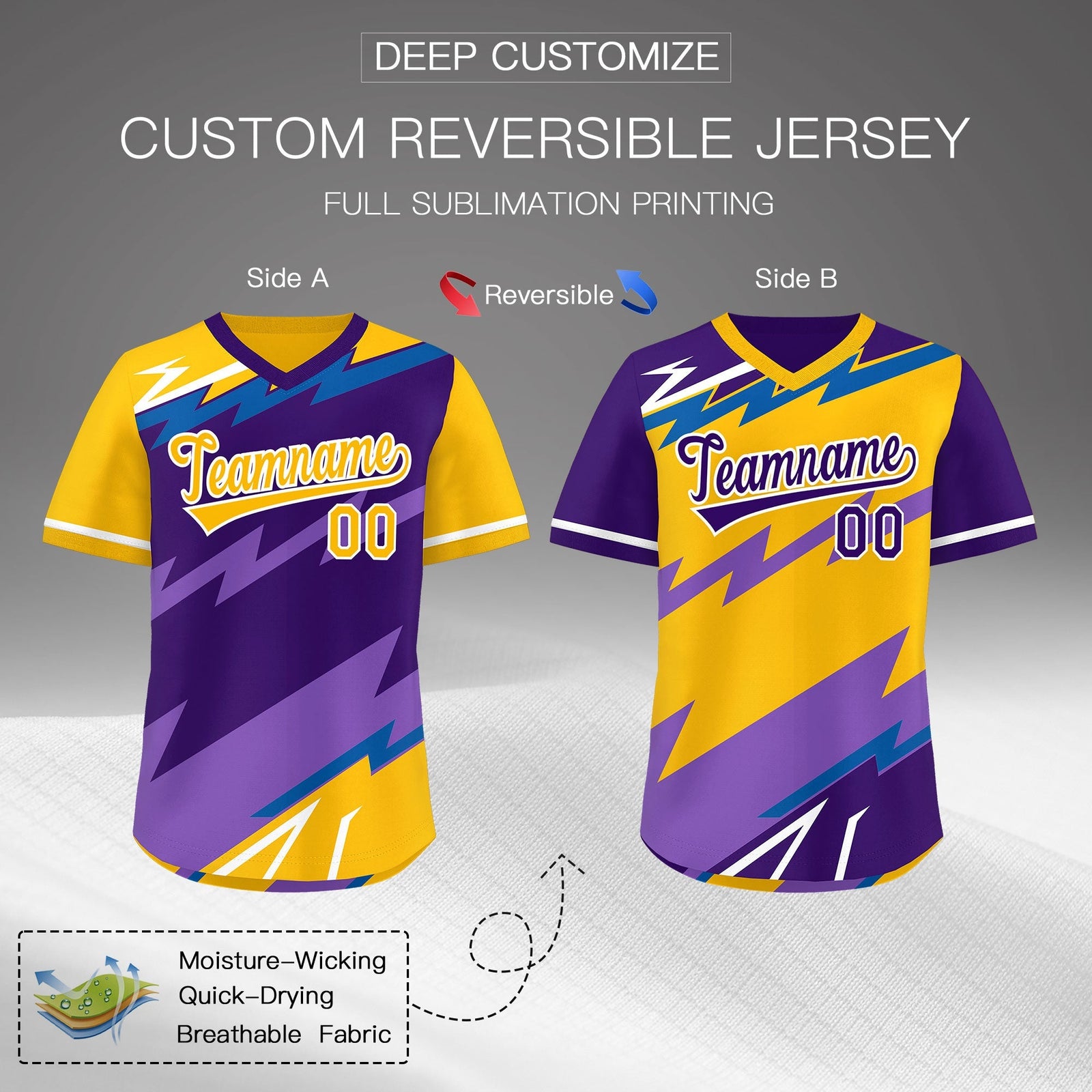 Custom Purple Royal Yellow Reversible Tops Lightning Pattern Graffiti Pattern Pullover V-Neck Baseball Jersey| KXKSHOP