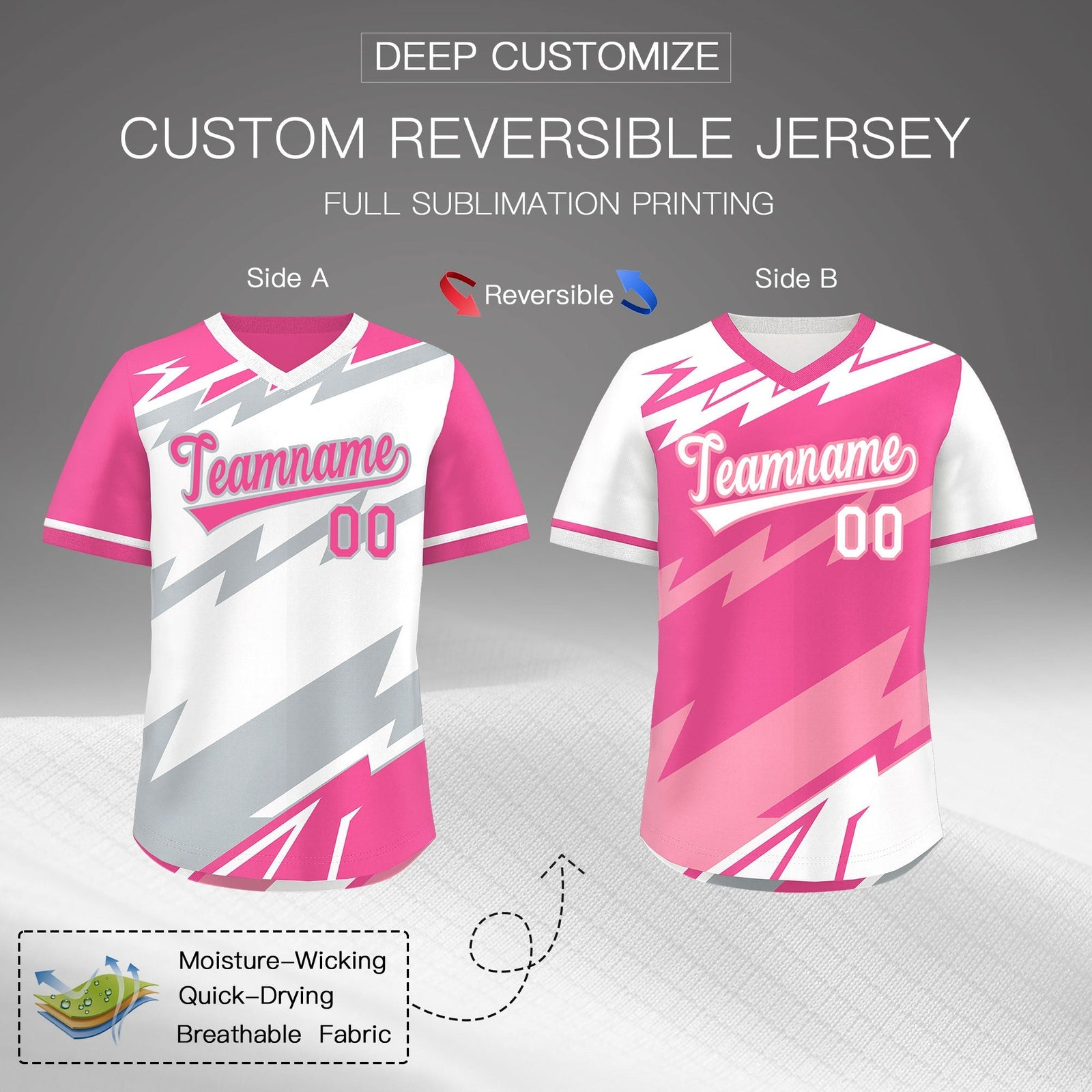 Custom White Pink Silver Reversible Tops Lightning Pattern Graffiti Pattern Pullover V-Neck Baseball Jersey| KXKSHOP