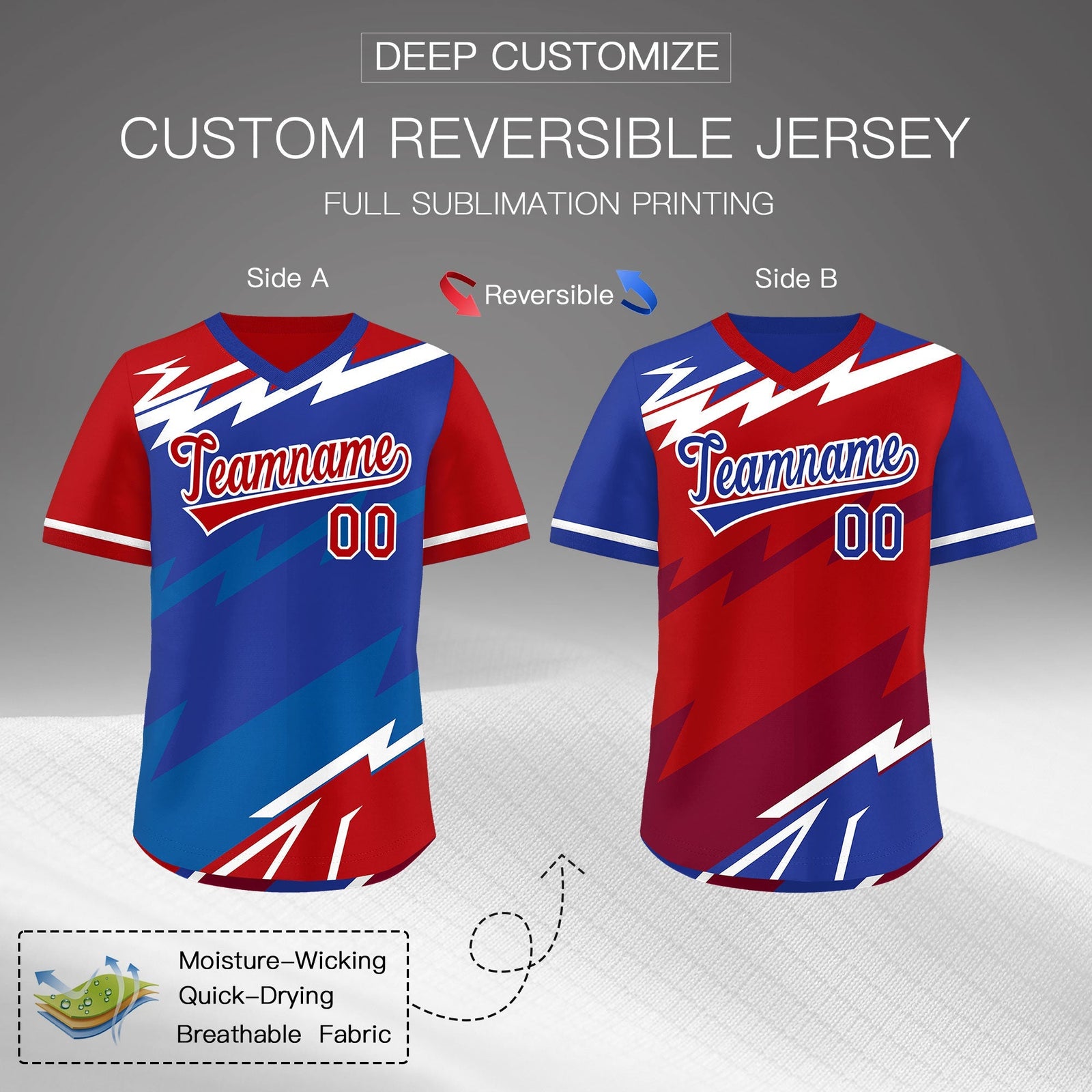 Custom Royal Blue Red Royal Reversible Tops Lightning Pattern Graffiti Pattern Pullover V-Neck Baseball Jersey| KXKSHOP
