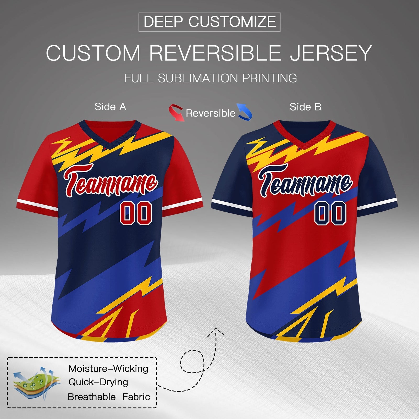Custom Navy Red Yellow Reversible Tops Lightning Pattern Graffiti Pattern Pullover V-Neck Baseball Jersey| KXKSHOP