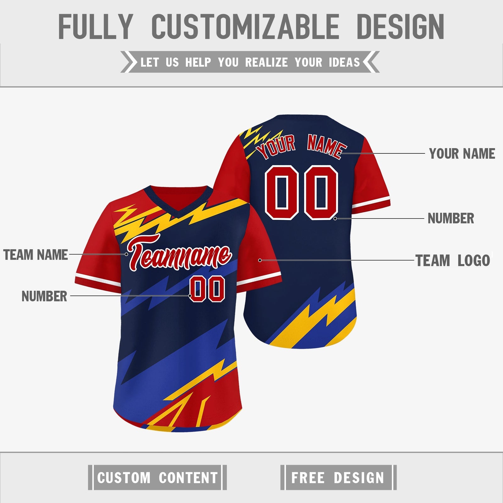Custom Navy Red Yellow Reversible Tops Lightning Pattern Graffiti Pattern Pullover V-Neck Baseball Jersey| KXKSHOP