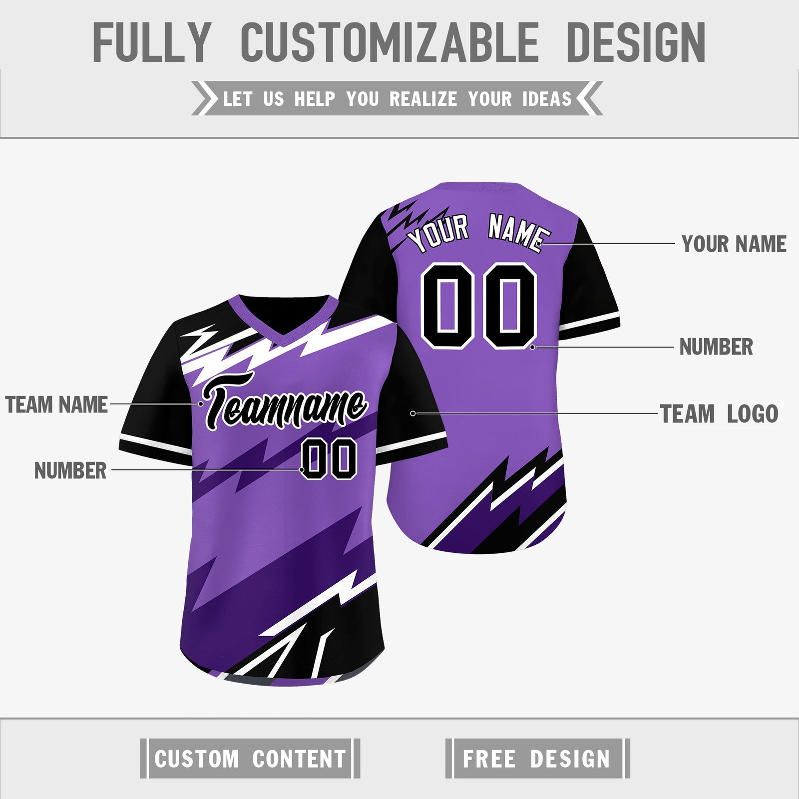 Custom Purple Black White Reversible Tops Lightning Pattern Graffiti Pattern Pullover V-Neck Baseball Jersey| KXKSHOP