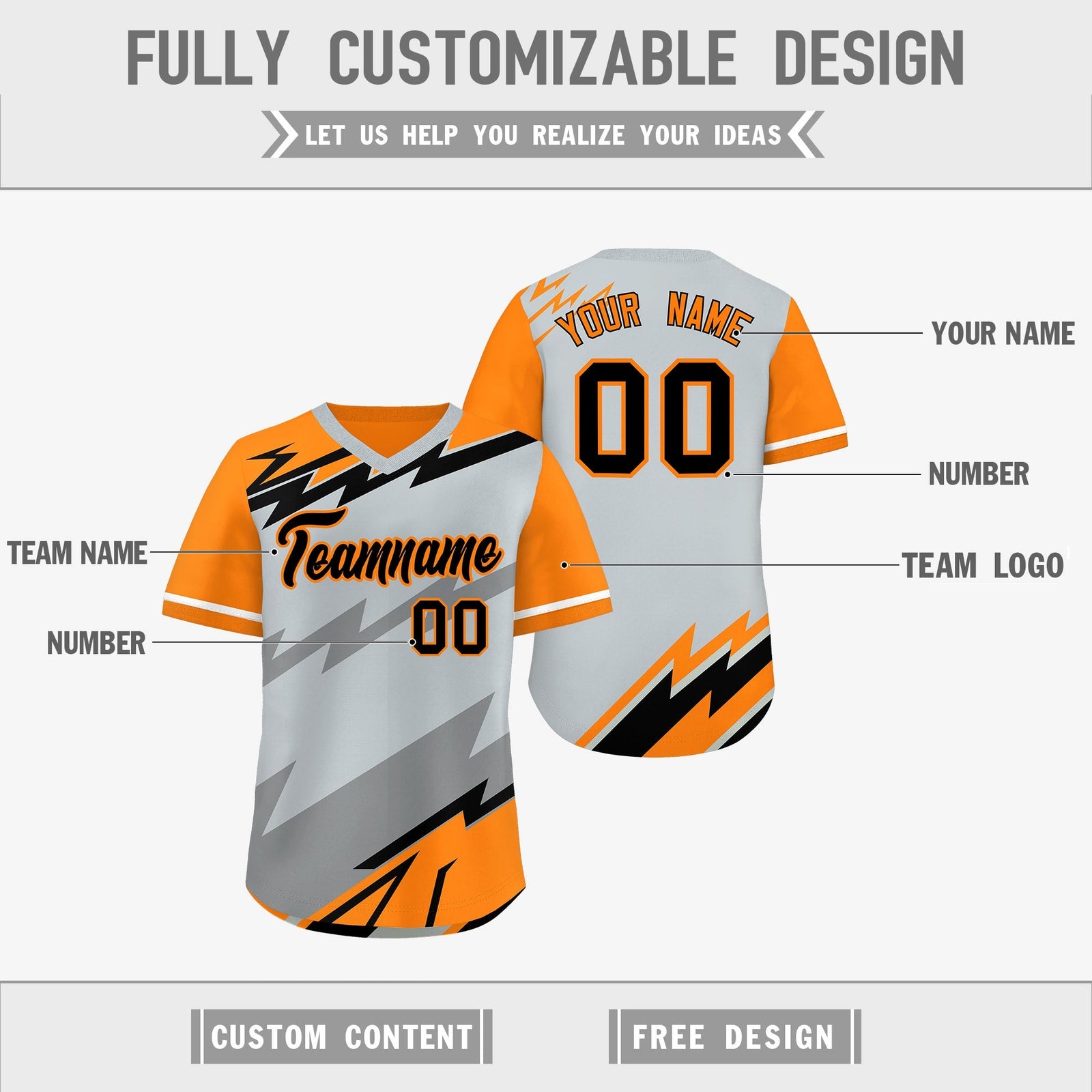 Custom Silver Orange Gray Reversible Tops Lightning Pattern Graffiti Pattern Pullover V-Neck Baseball Jersey| KXKSHOP