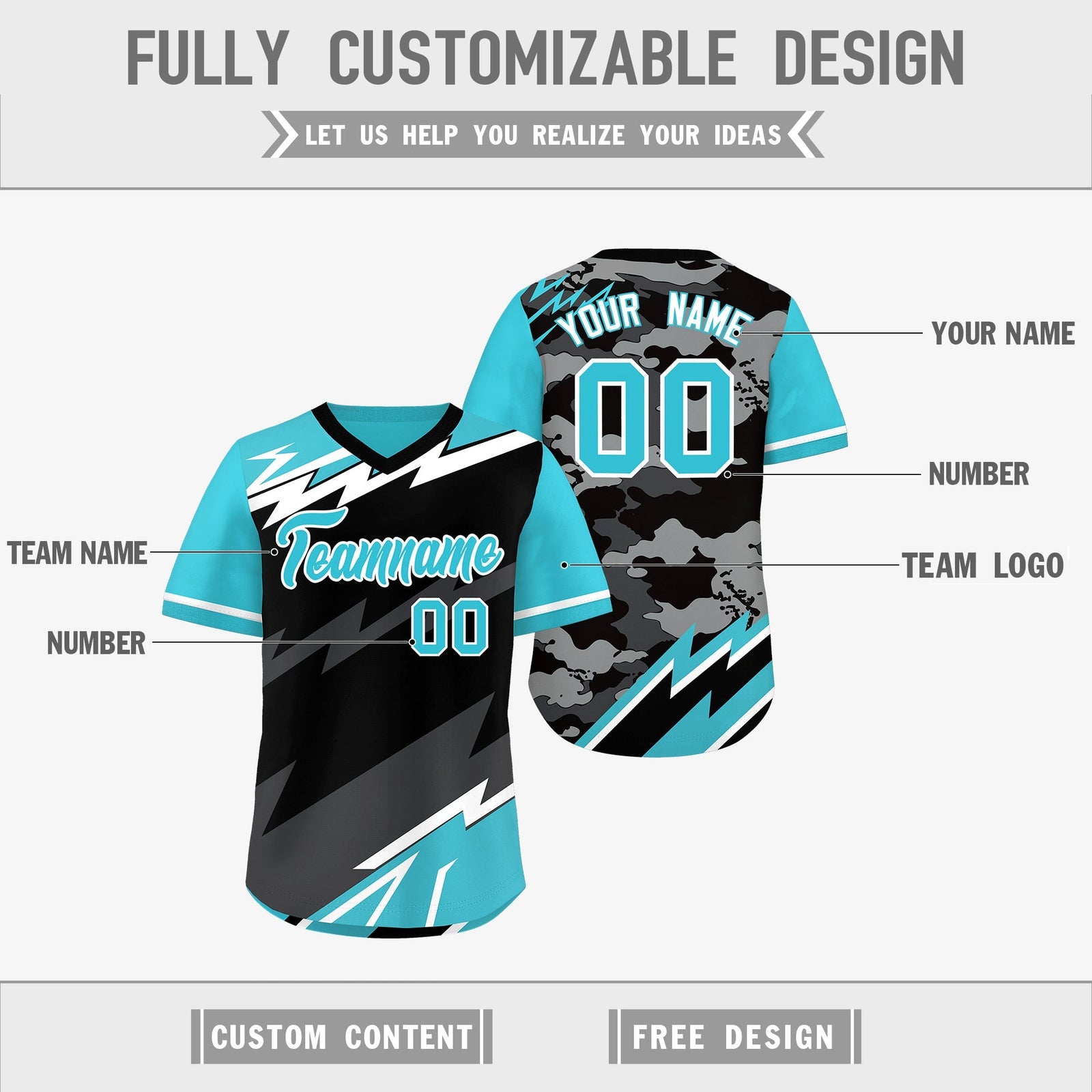 Custom Black Sky Blue Gray Reversible Tops Lightning Pattern Graffiti Pattern Pullover V-Neck Baseball Jersey| KXKSHOP