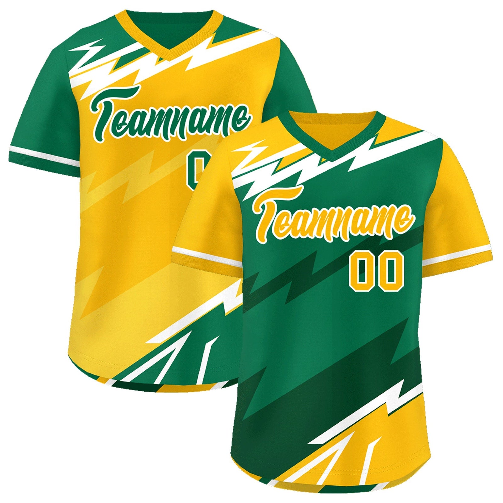 Custom Kelly Green Dark Green Yellow Reversible Tops Lightning Pattern Graffiti Pattern Pullover V-Neck Baseball Jersey| KXKSHOP