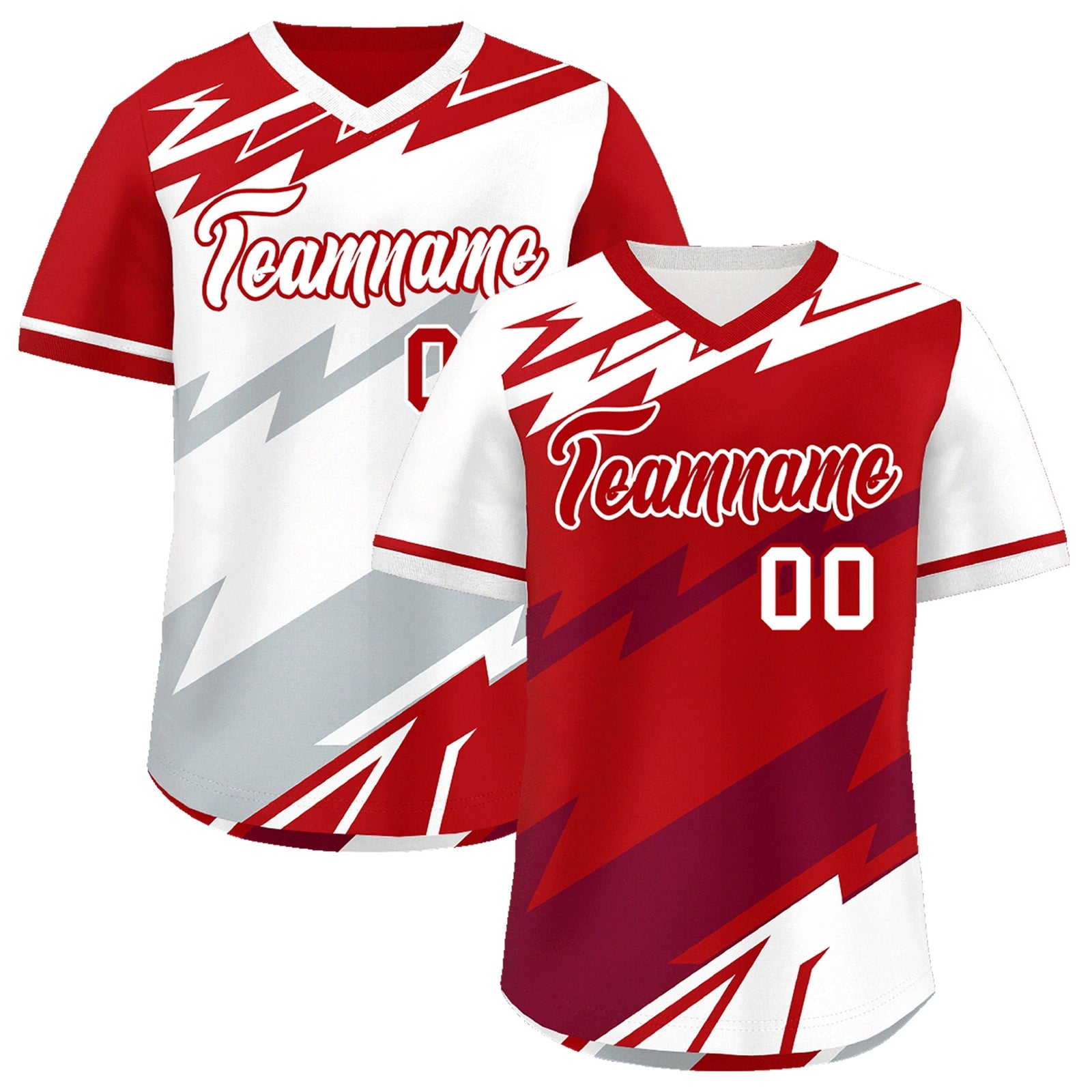 Custom Red White Crimson Reversible Tops Lightning Pattern Graffiti Pattern Pullover V-Neck Baseball Jersey| KXKSHOP