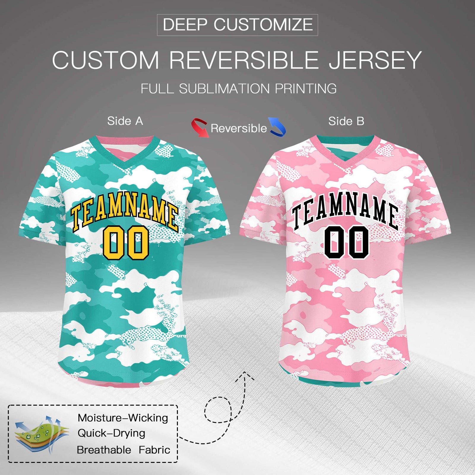 Custom Teal Aqua Light Pink Reversible Camo Stretch Fabric Baseball Jersey| KXKSHOP