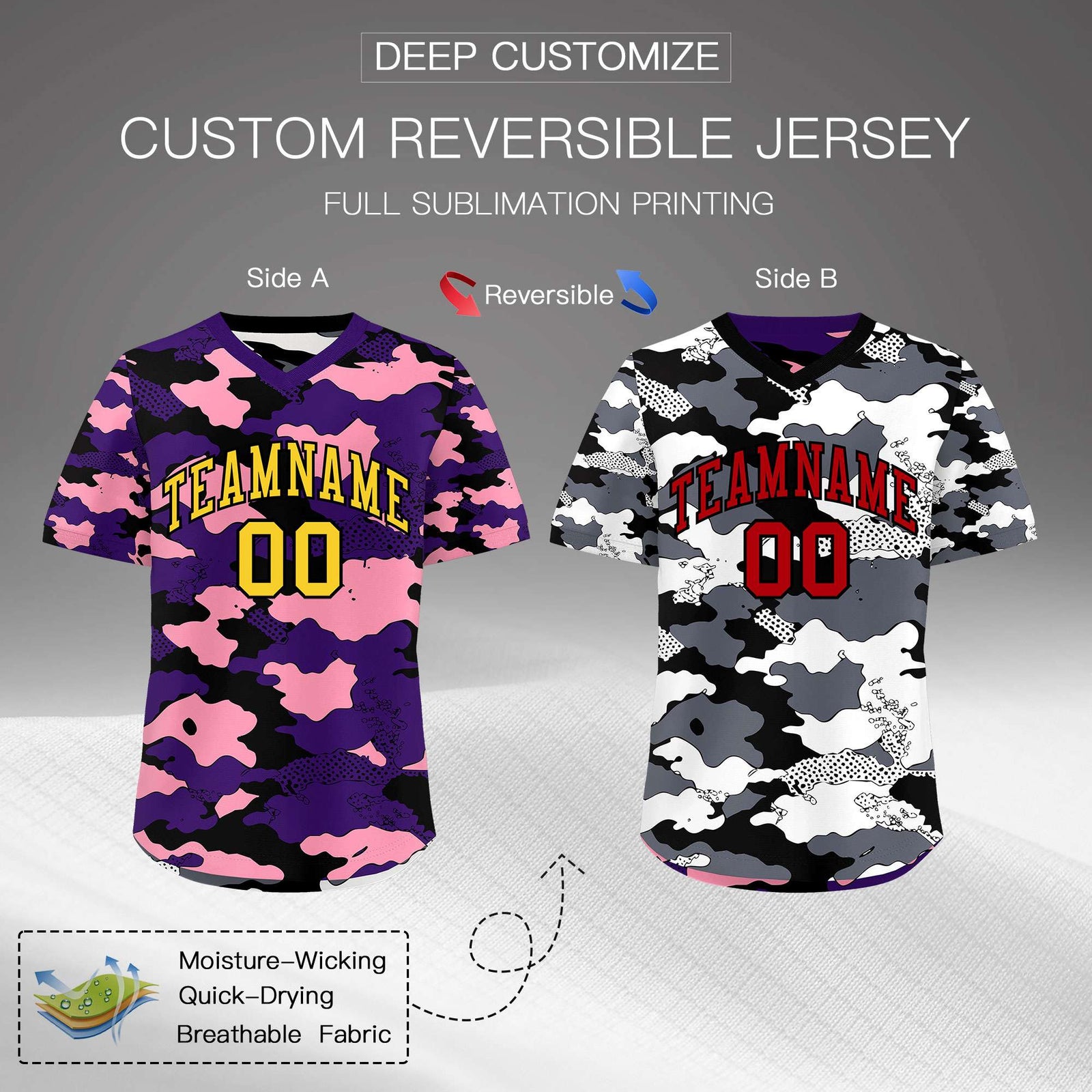 Custom Purple Light Pink White Reversible Camo Stretch Fabric Baseball Jersey| KXKSHOP