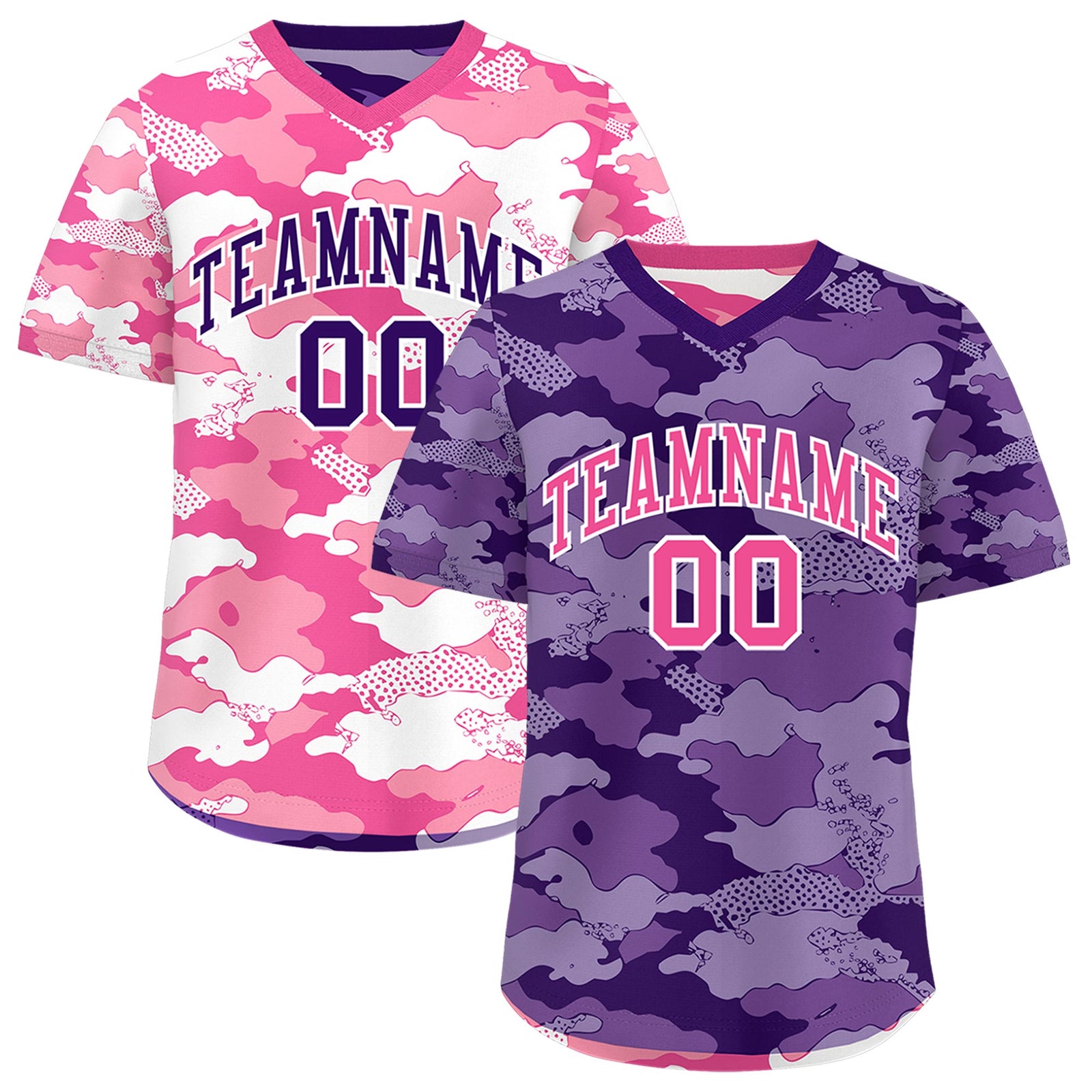 Custom Purple Pink White Reversible Camo Stretch Fabric Baseball Jersey| KXKSHOP
