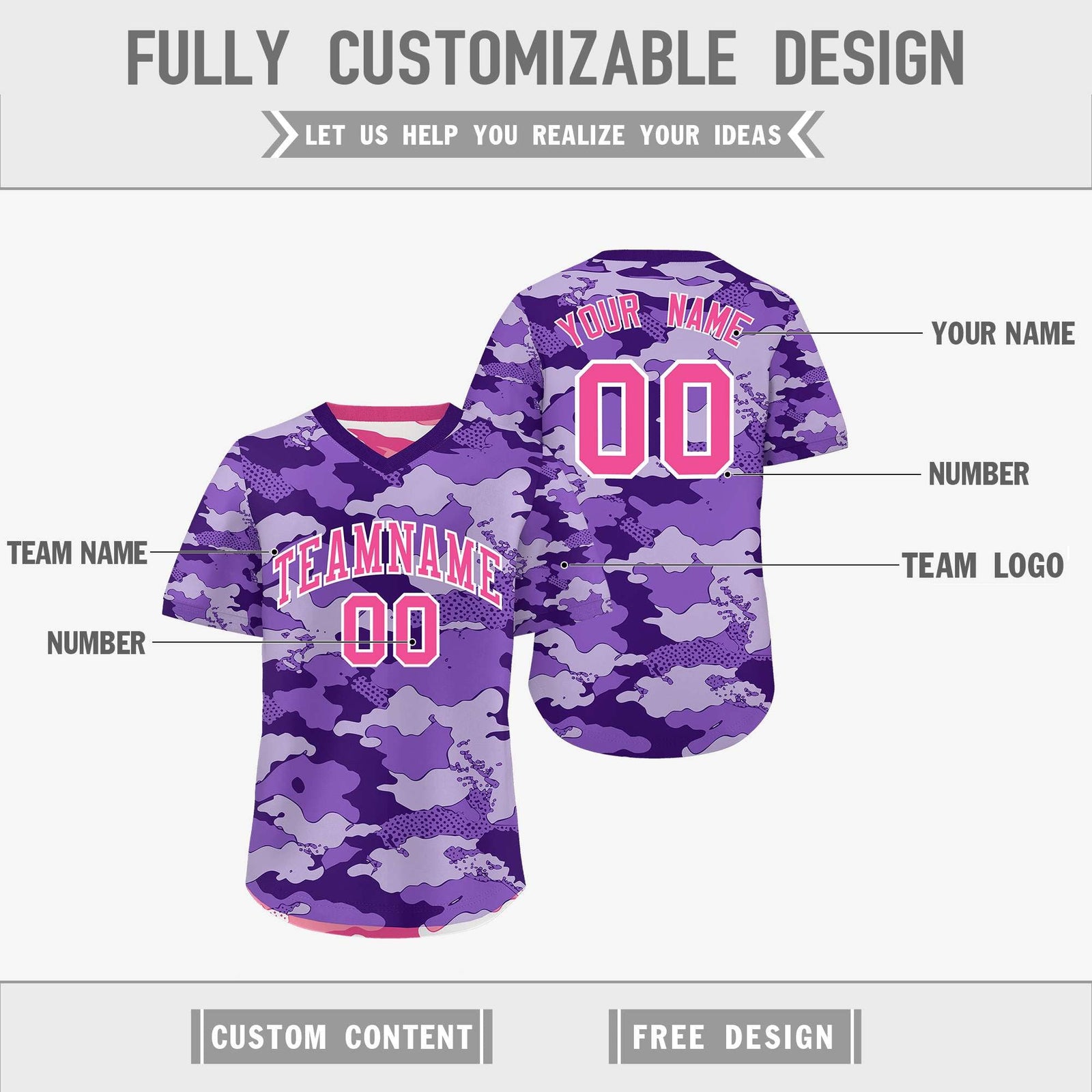 Custom Purple Pink White Reversible Camo Stretch Fabric Baseball Jersey| KXKSHOP