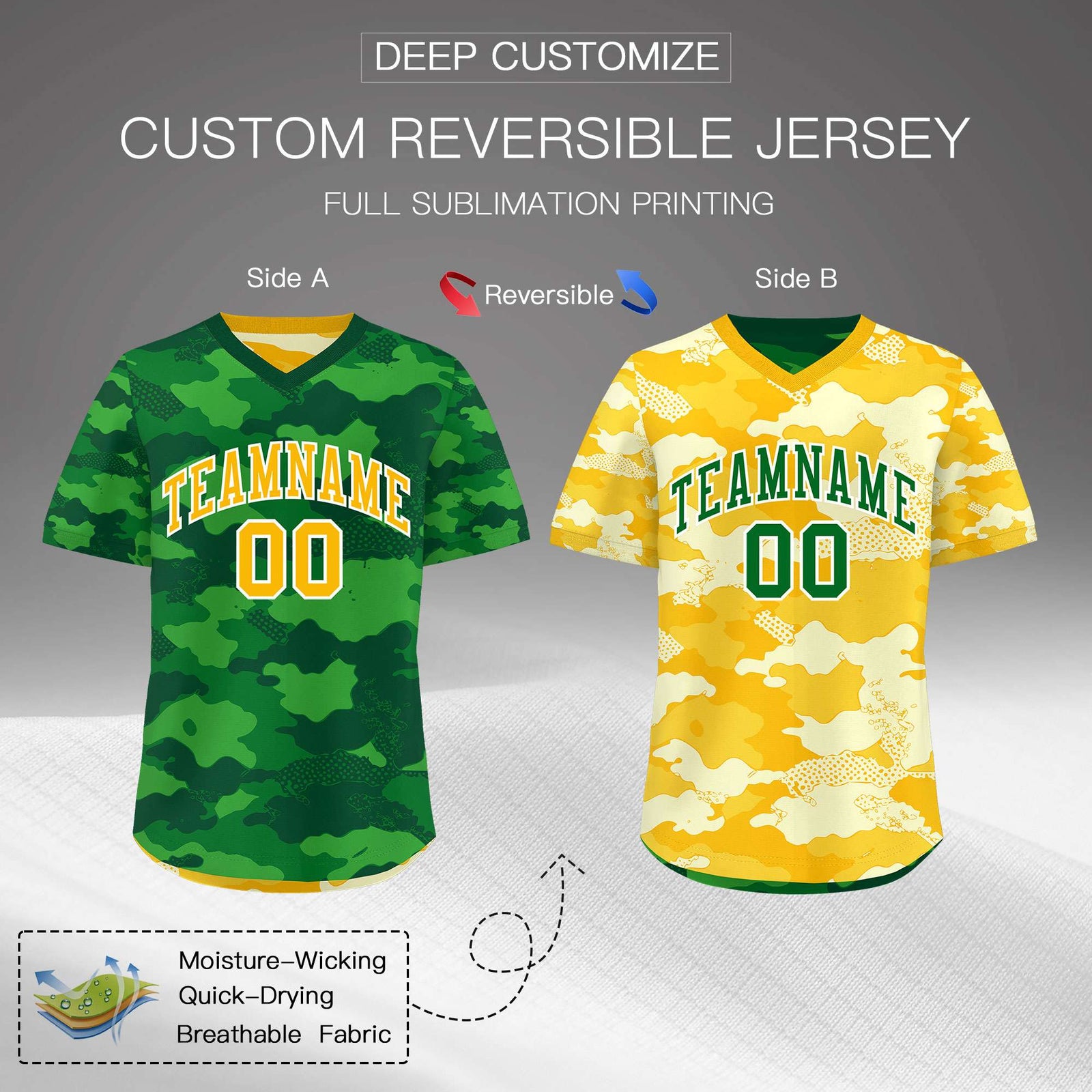 Custom Kelly Green Light Green Yellow Reversible Camo Stretch Fabric Baseball Jersey| KXKSHOP