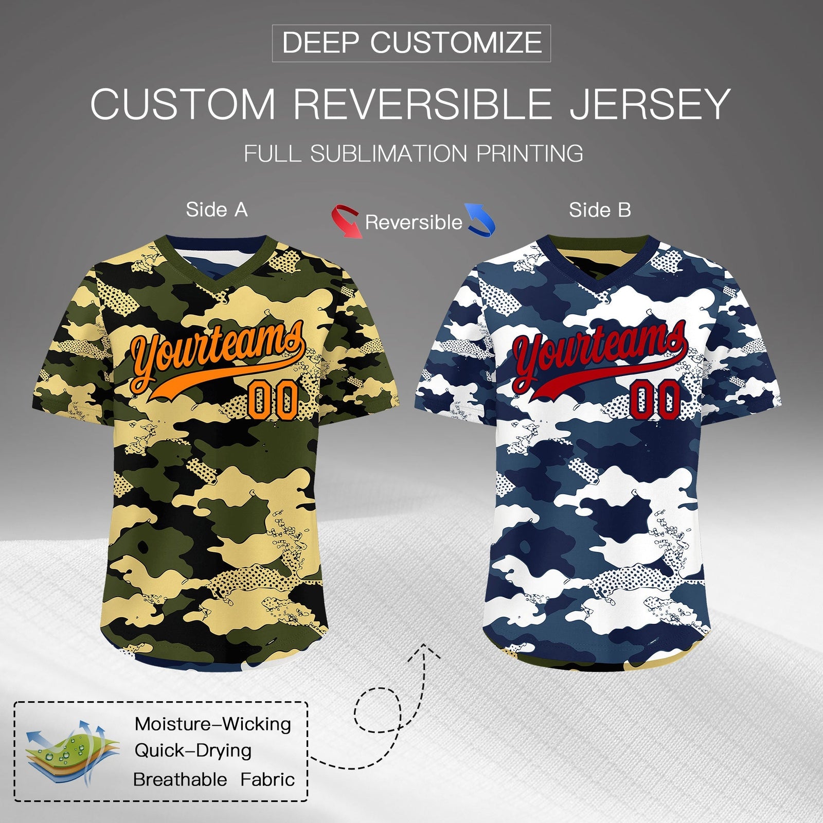 Custom Olive Khaki Midnight Blue Reversible Camo Stretch Fabric Baseball Jersey| KXKSHOP