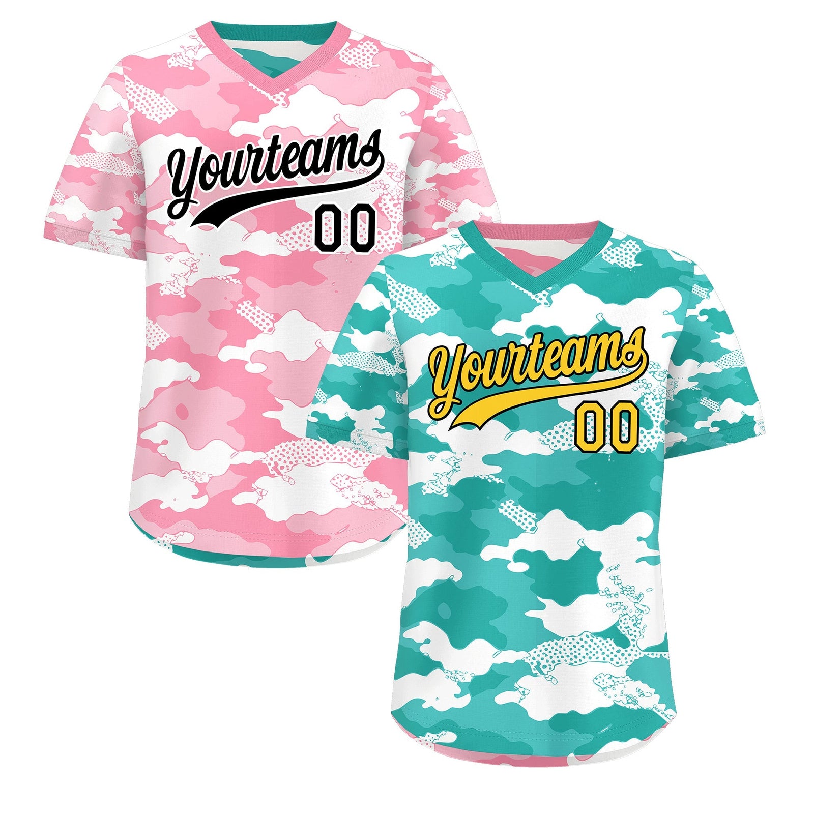Custom Teal Aqua Light Pink Reversible Camo Stretch Fabric Baseball Jersey| KXKSHOP