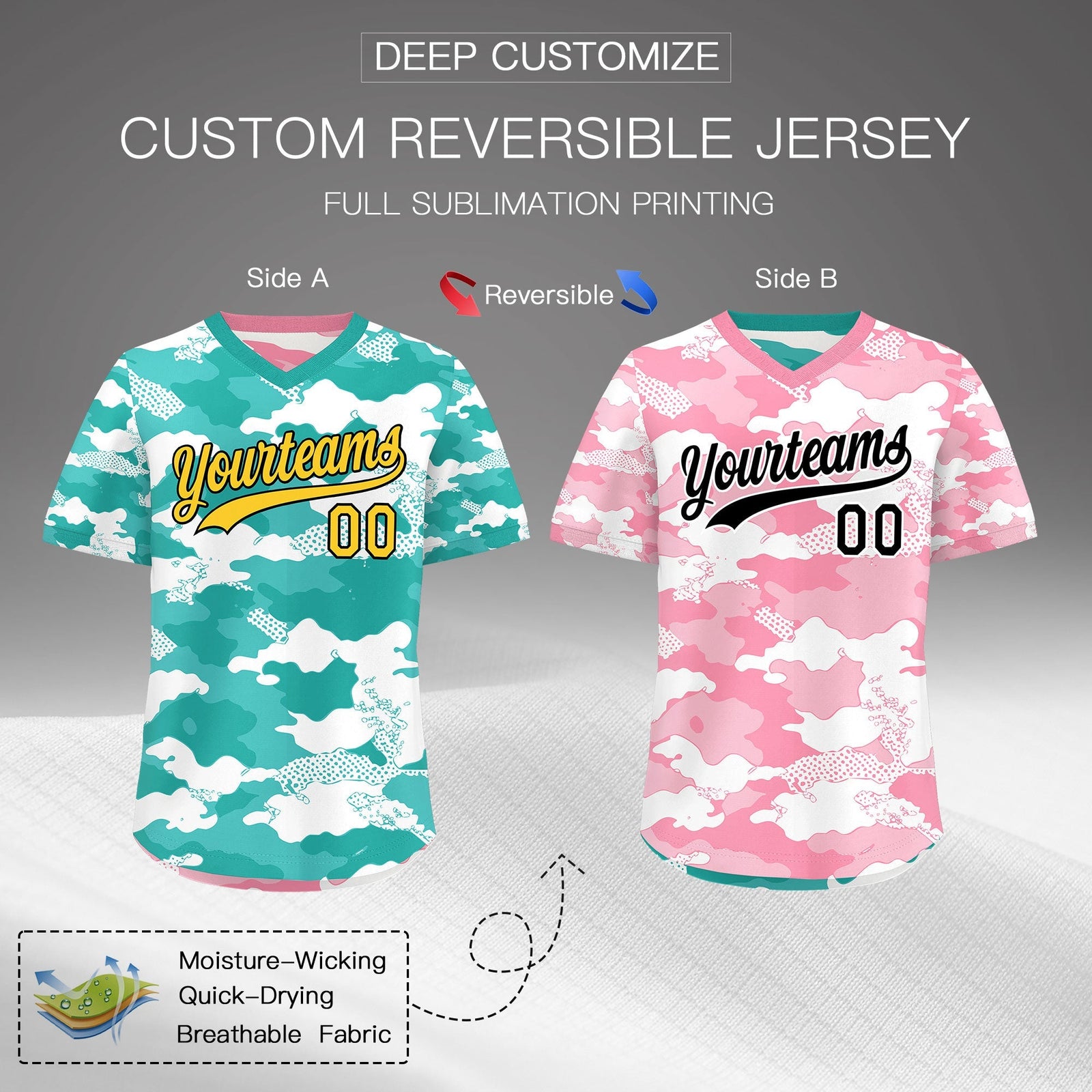 Custom Teal Aqua Light Pink Reversible Camo Stretch Fabric Baseball Jersey| KXKSHOP