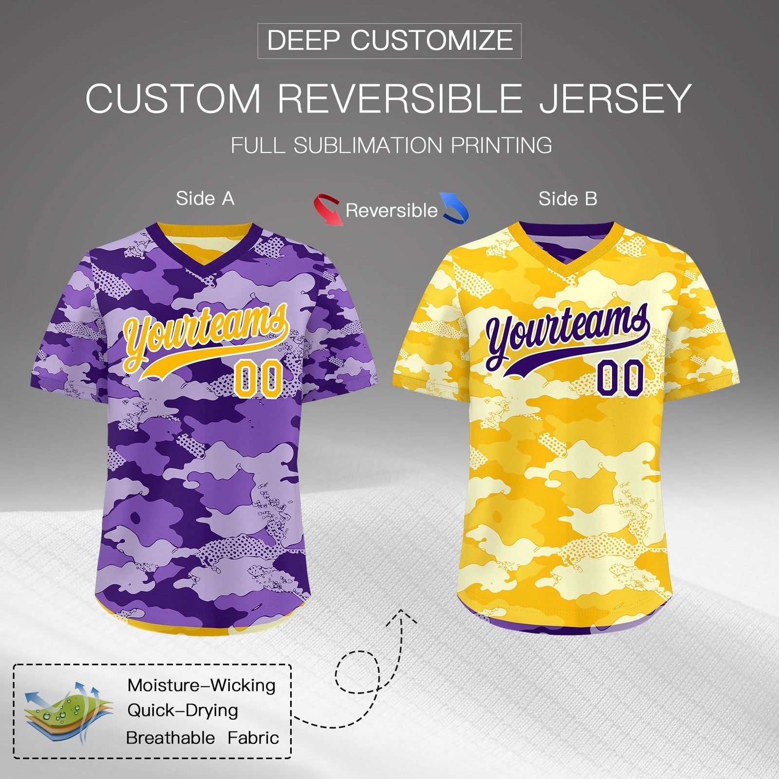 Custom Light Purple Yellow Cream Reversible Camo Lightweight Baseball Jersey| KXKSHOP