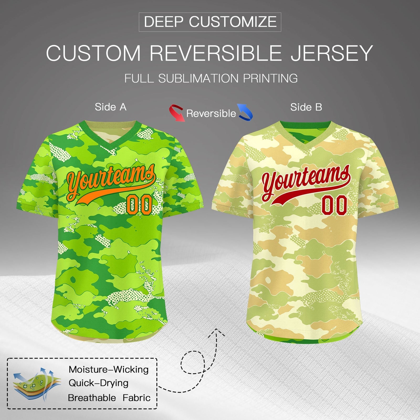 Custom Neon Green Cream Khaki Reversible Camo Breathable Baseball Jersey| KXKSHOP
