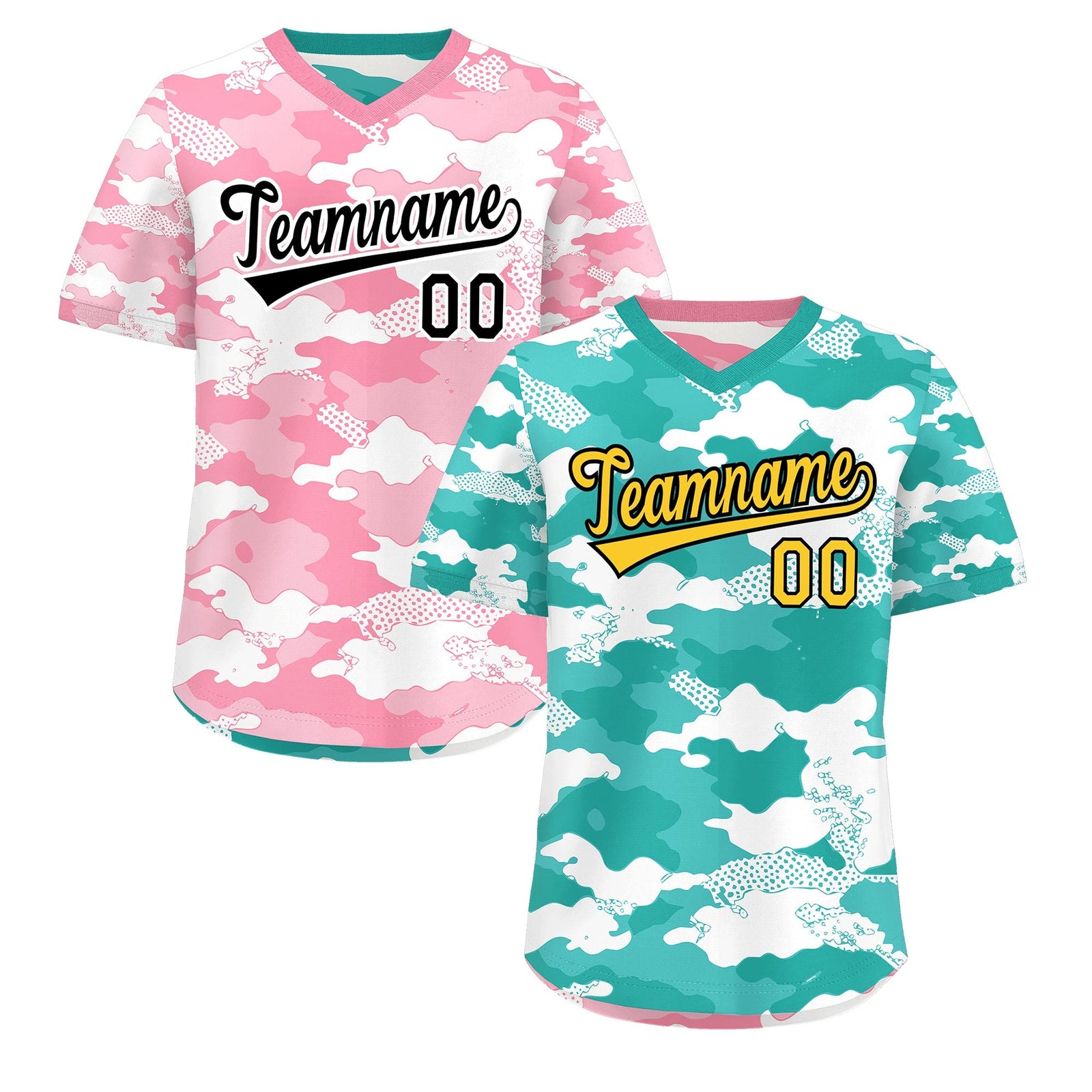Custom Teal Aqua Light Pink Reversible Camo Stretch Fabric Baseball Jersey| KXKSHOP