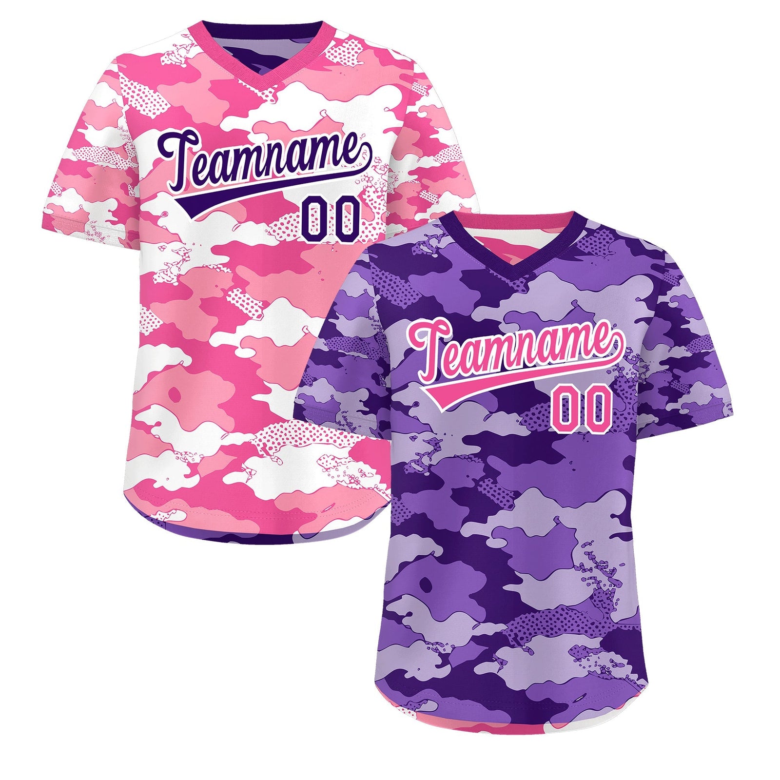 Custom Purple Pink White Reversible Camo Stretch Fabric Baseball Jersey| KXKSHOP