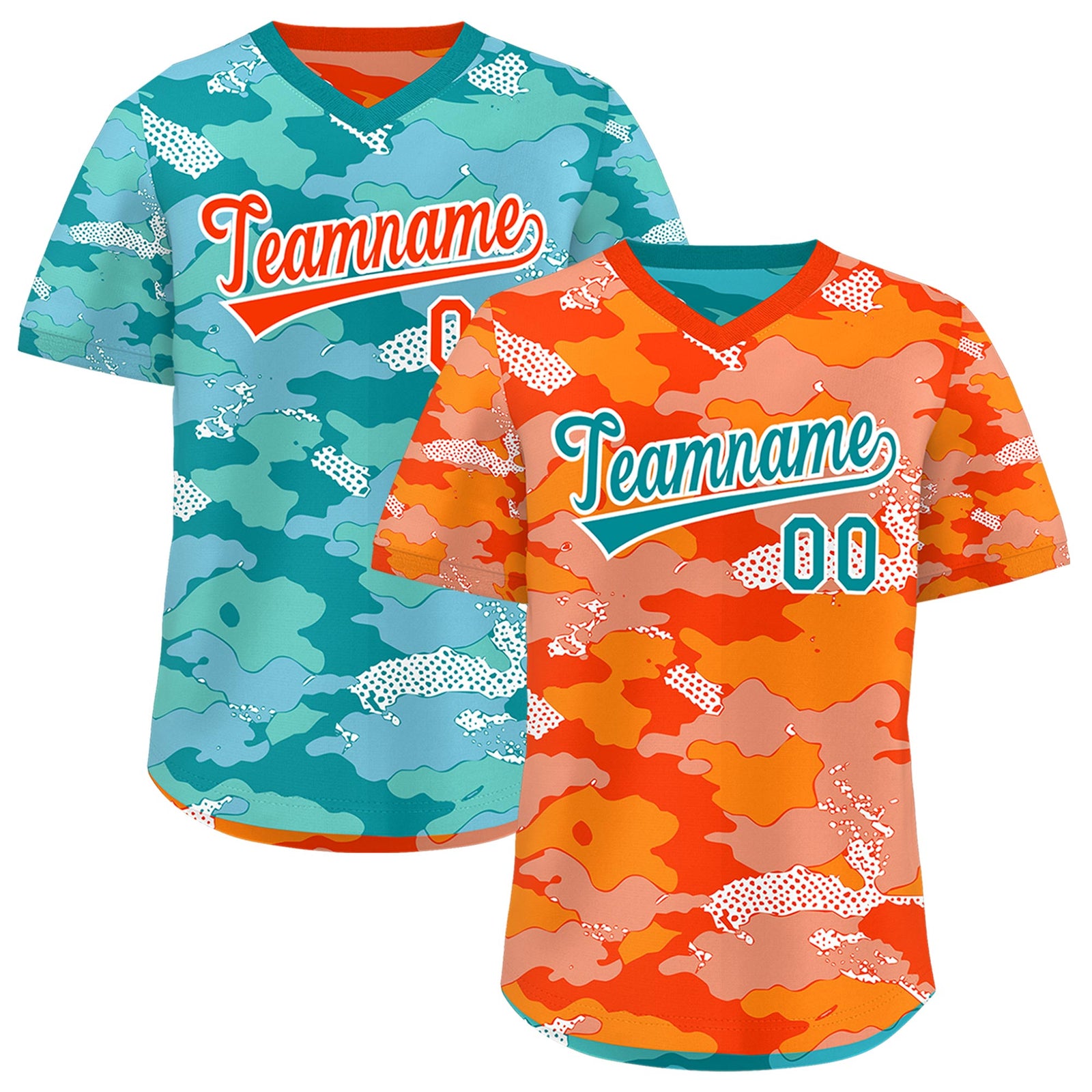 Custom Orange Light Orange Teal Reversible Camo Stretch Fabric Baseball Jersey| KXKSHOP