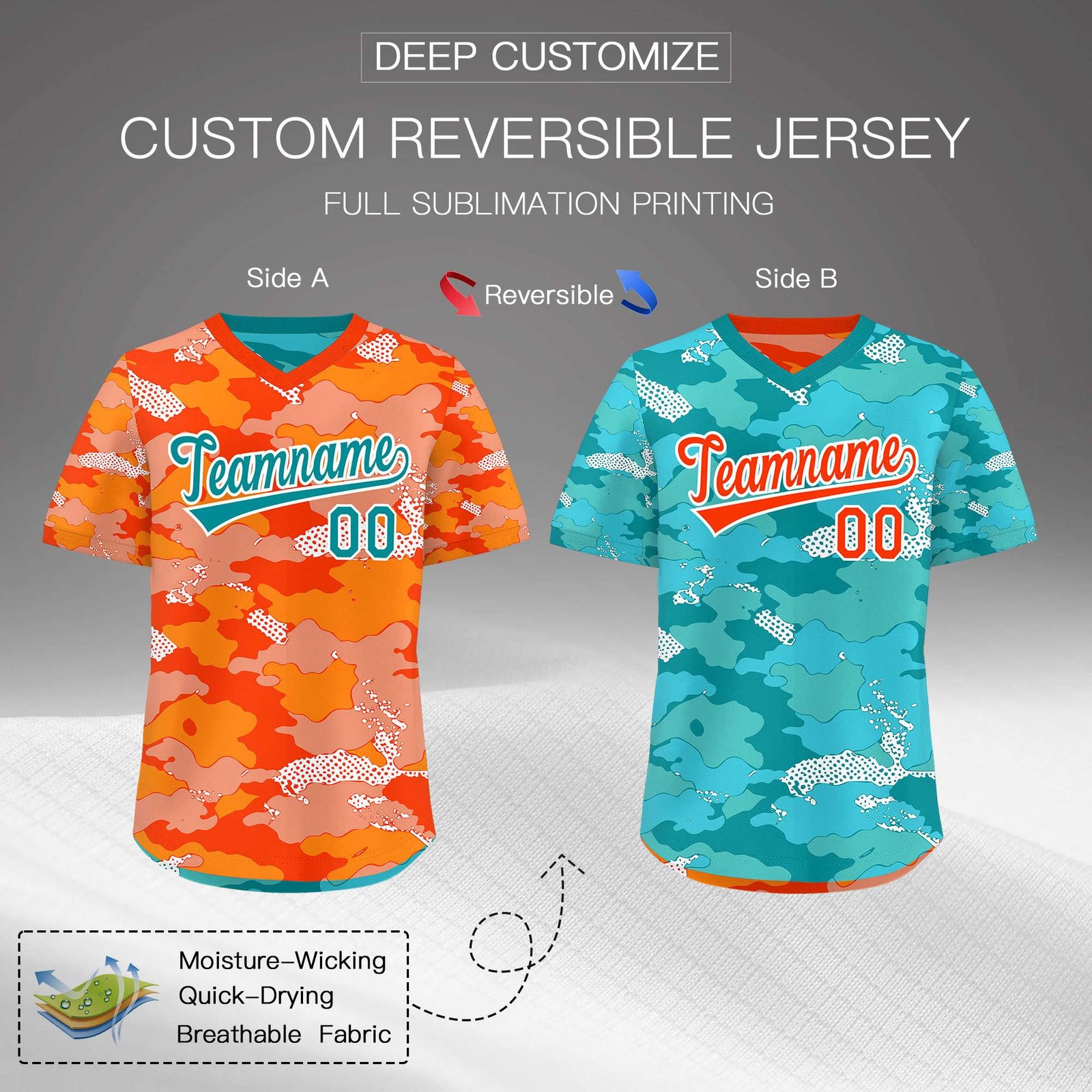 Custom Orange Light Orange Teal Reversible Camo Stretch Fabric Baseball Jersey| KXKSHOP