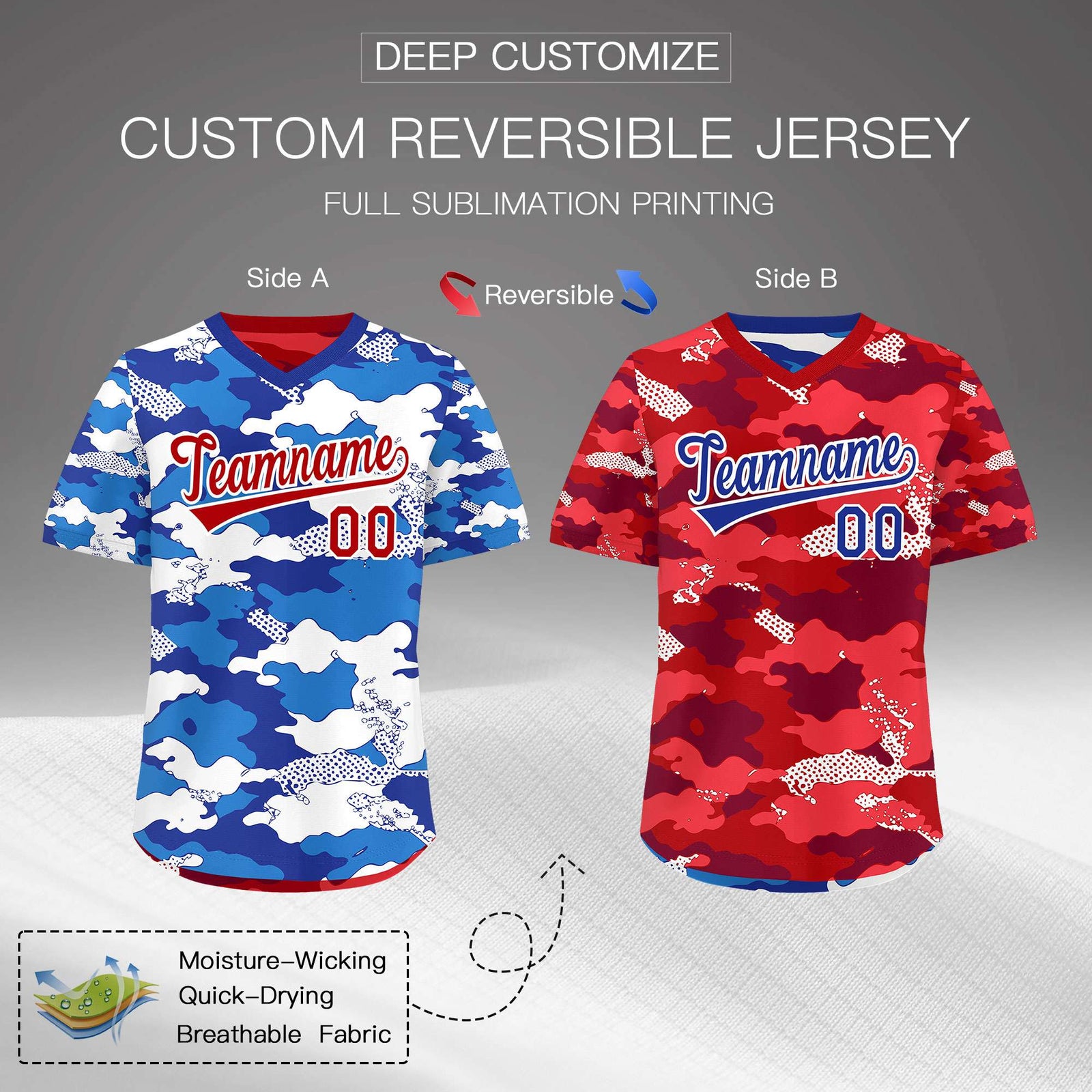 Custom Royal Royal Blue Red Reversible Camo Breathable Baseball Jersey| KXKSHOP