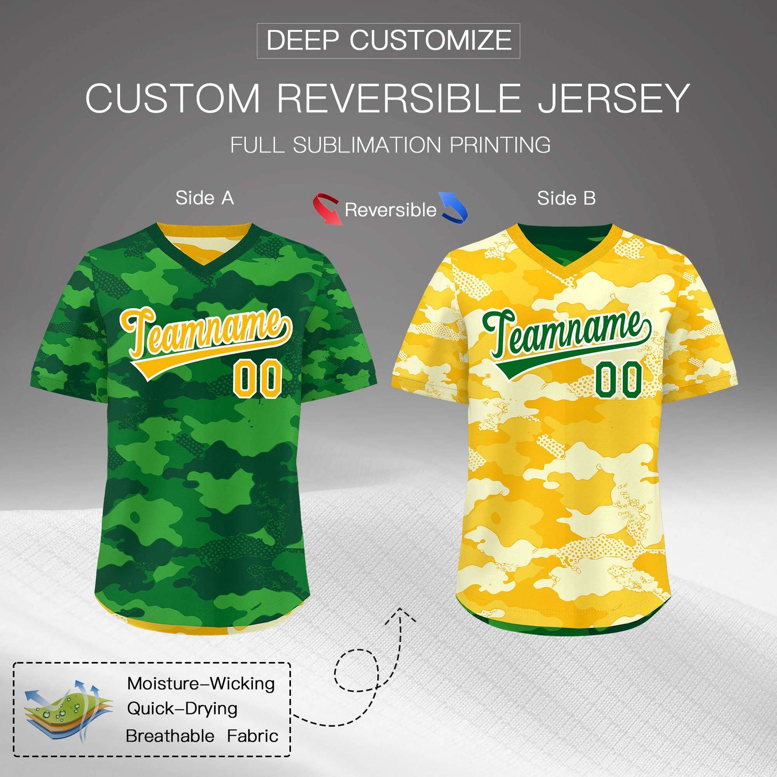 Custom Kelly Green Light Green Yellow Reversible Camo Stretch Fabric Baseball Jersey| KXKSHOP