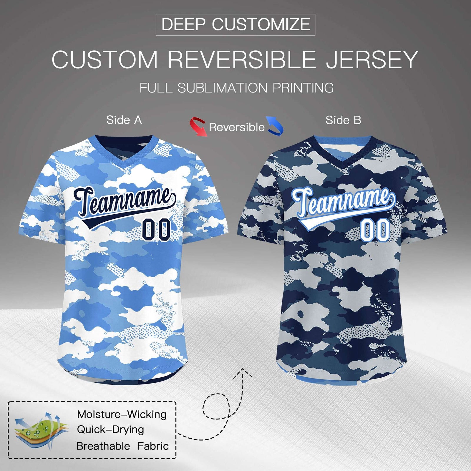 Custom Powder Blue Midnight Blue Silver Reversible Camo Breathable Baseball Jersey| KXKSHOP