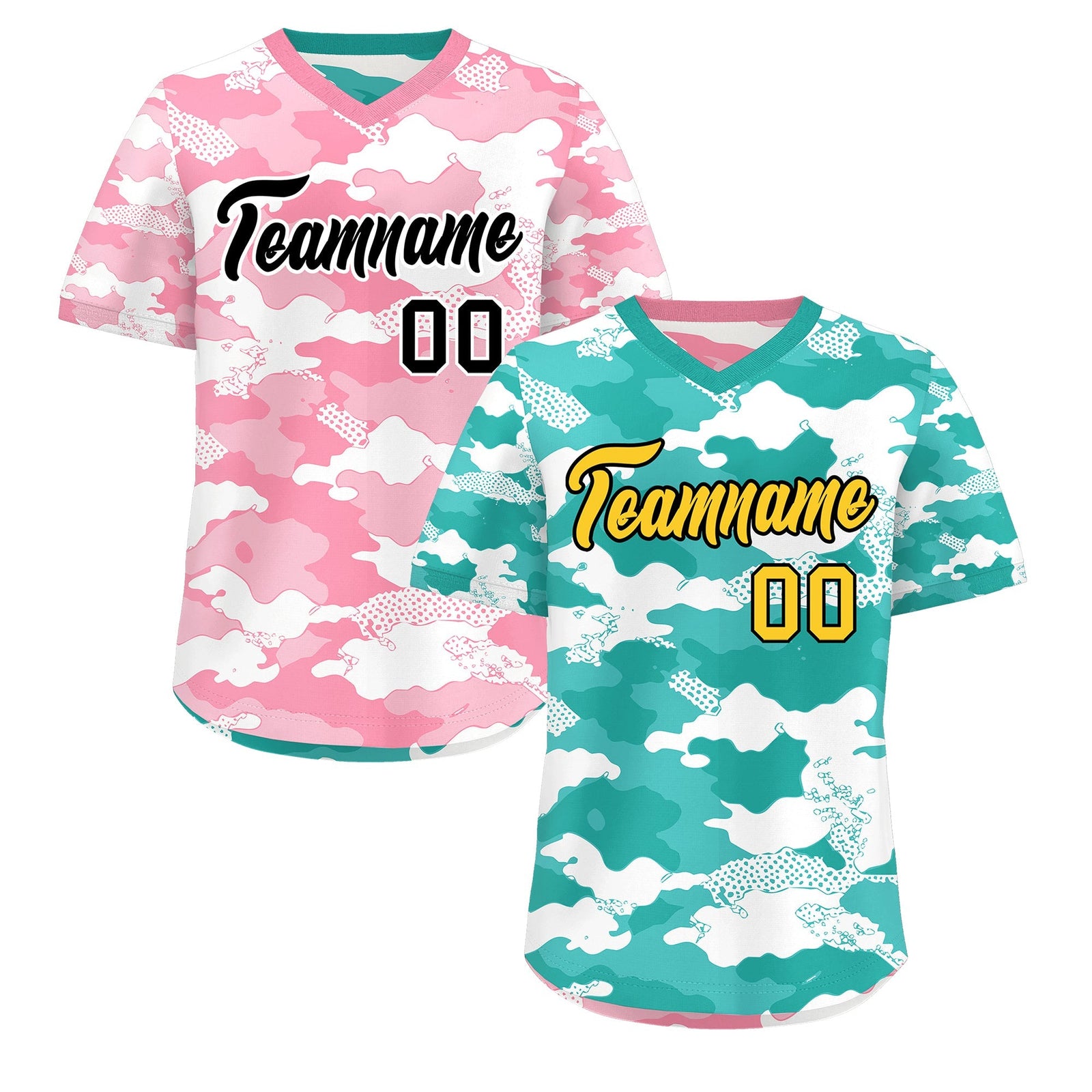 Custom Teal Aqua Light Pink Reversible Camo Stretch Fabric Baseball Jersey| KXKSHOP