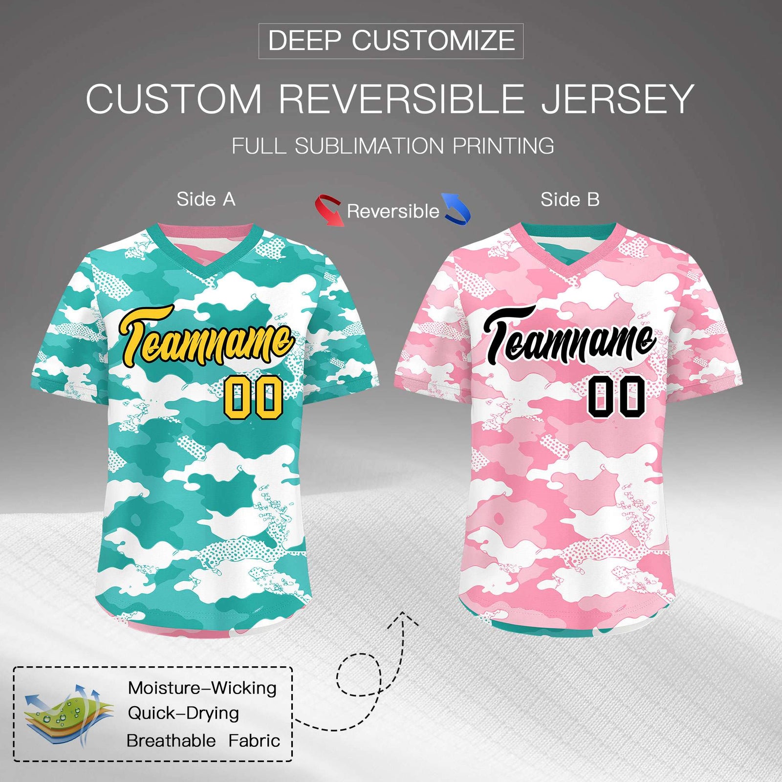 Custom Teal Aqua Light Pink Reversible Camo Stretch Fabric Baseball Jersey| KXKSHOP