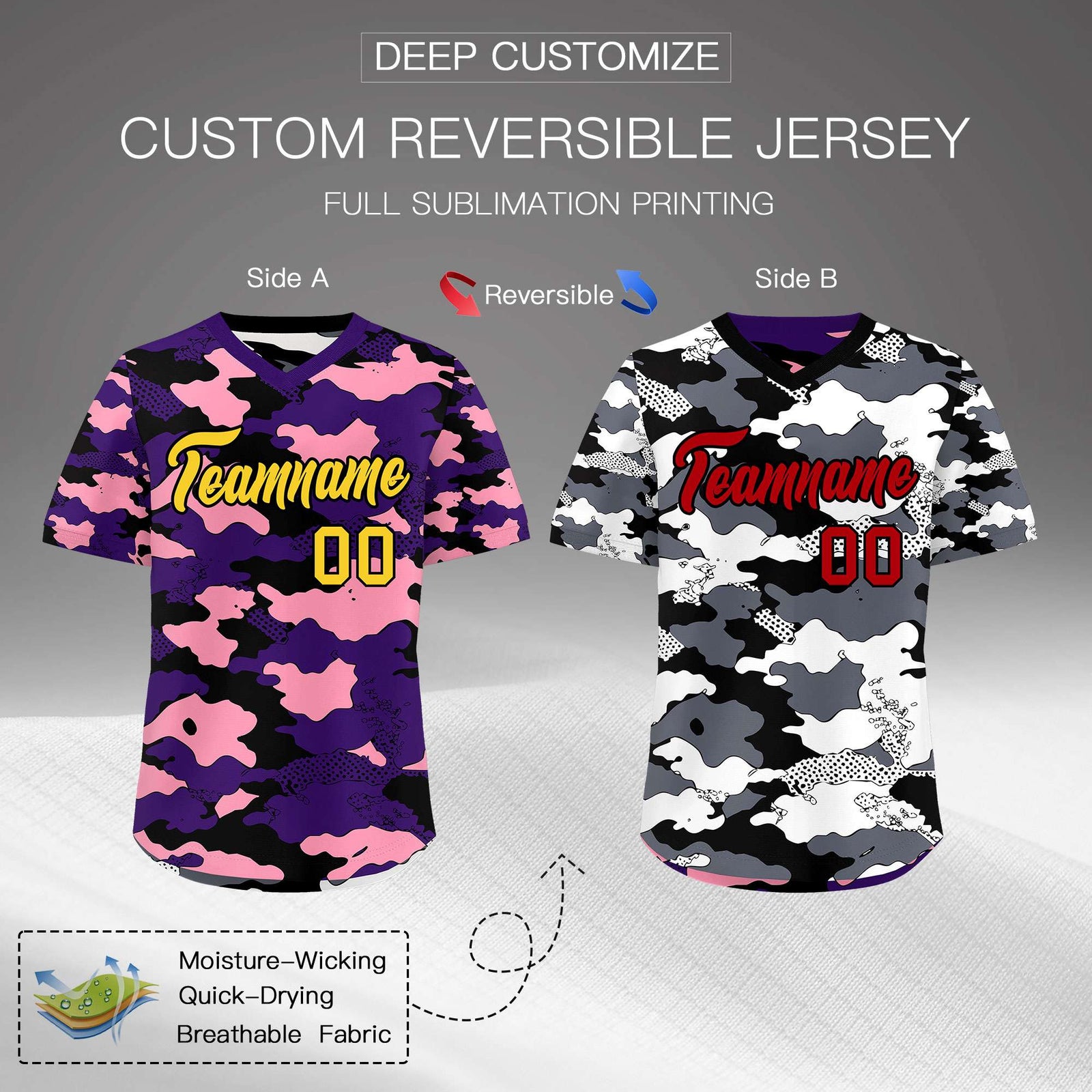Custom Purple Light Pink White Reversible Camo Stretch Fabric Baseball Jersey| KXKSHOP