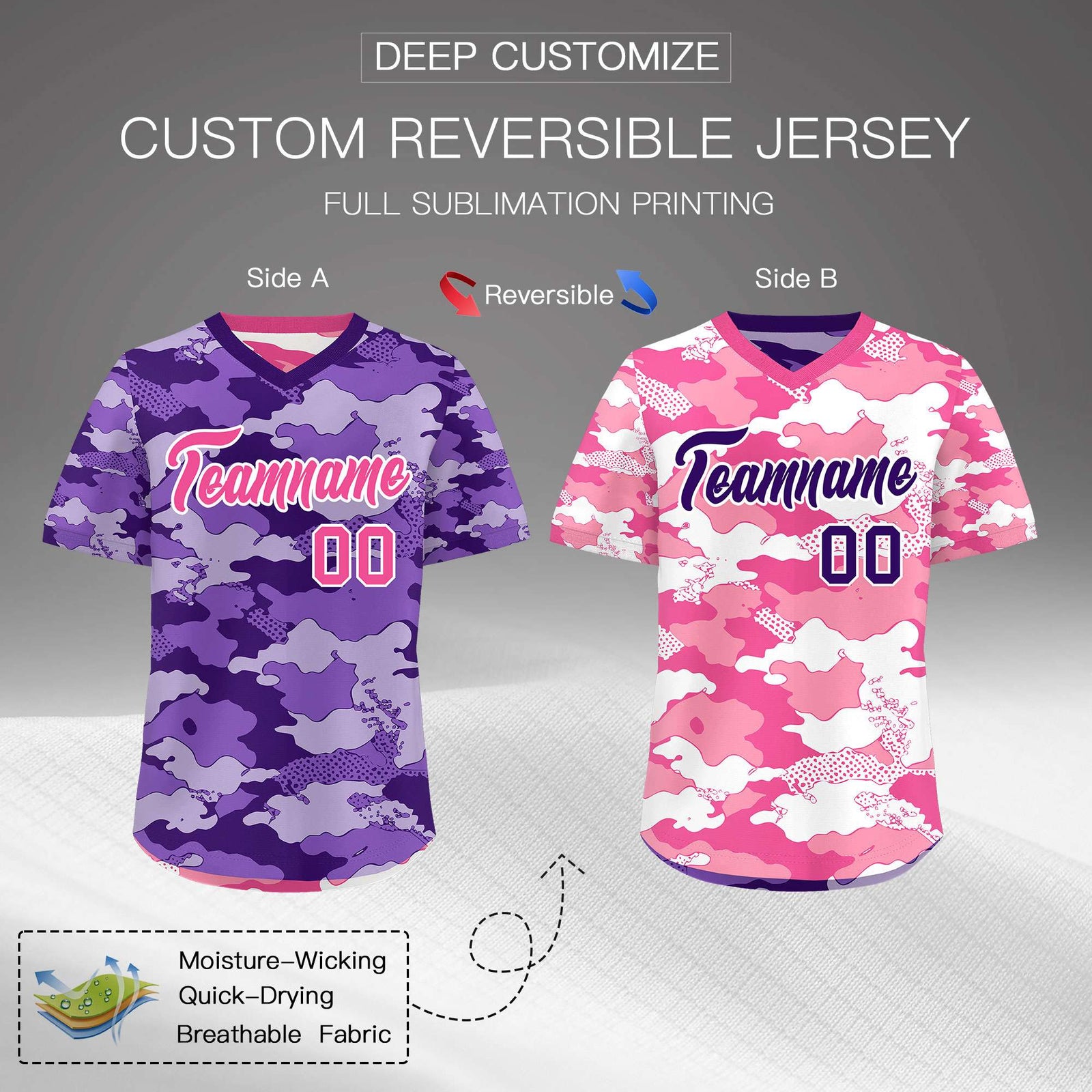 Custom Purple Pink White Reversible Camo Stretch Fabric Baseball Jersey| KXKSHOP