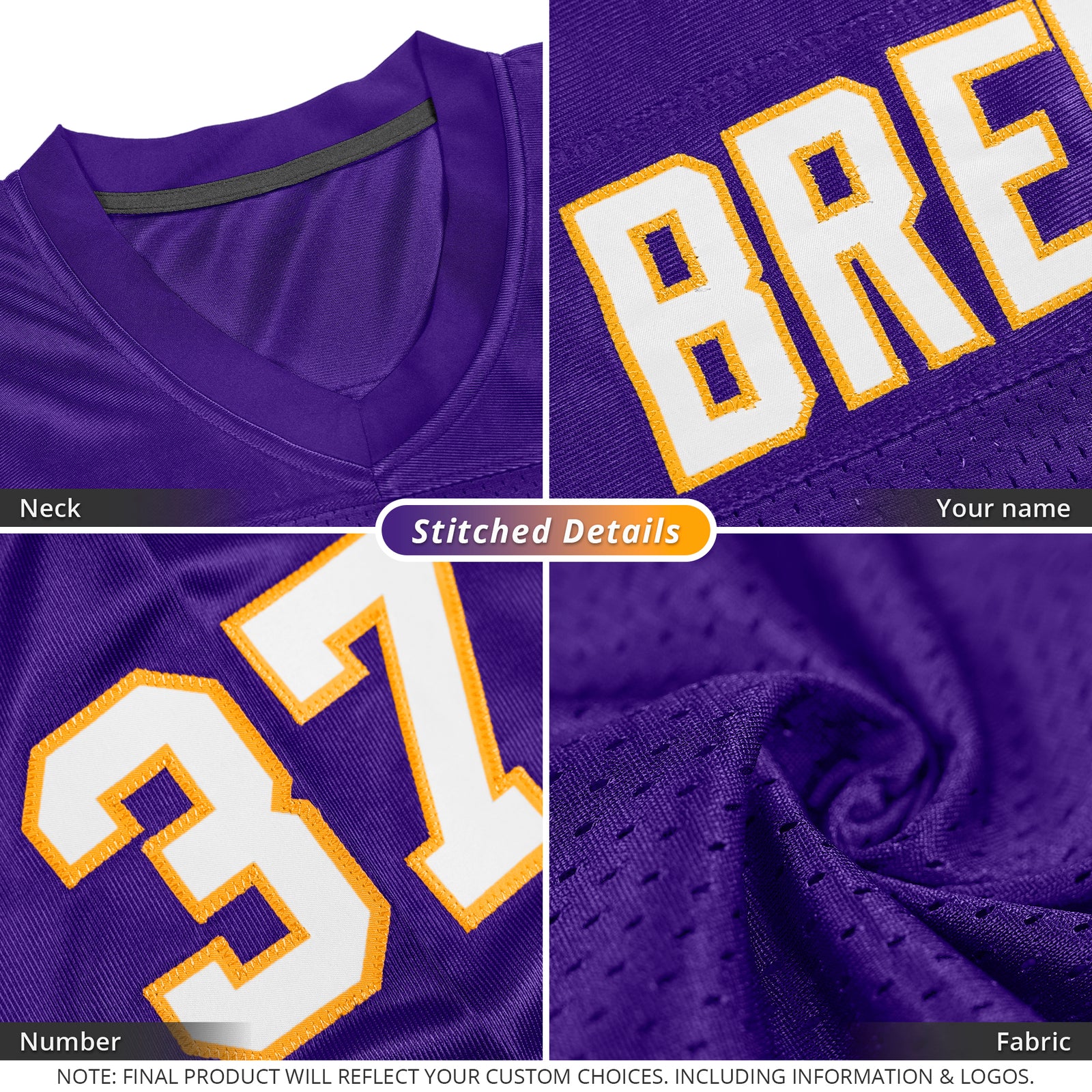 Custom Purple White-Gold Classic Style Mesh Authentic Football Jersey