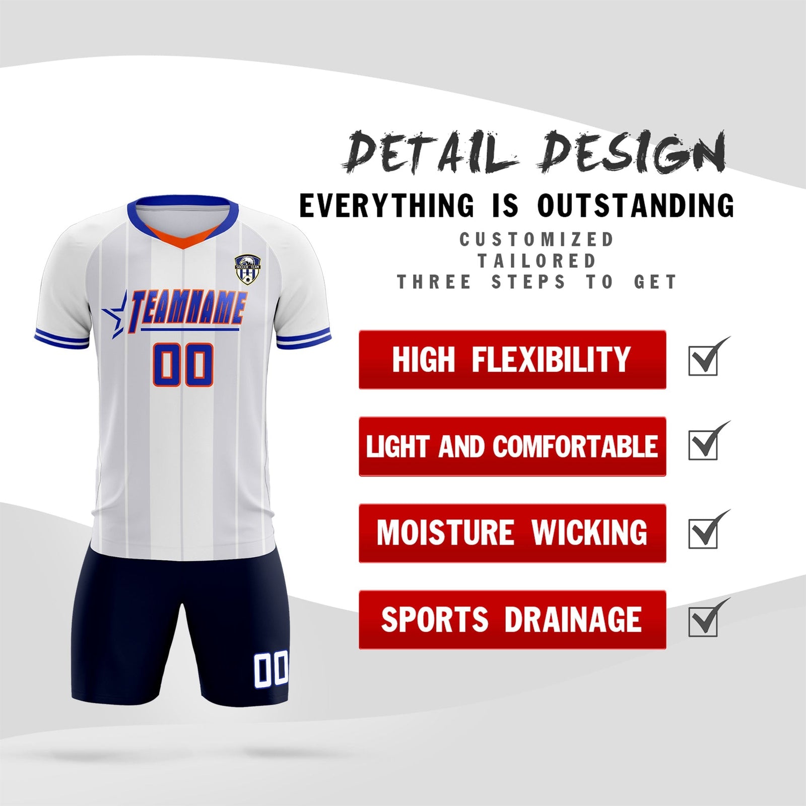 Custom White Classic Striped Personalized Soccer Tops/Sets Jersey