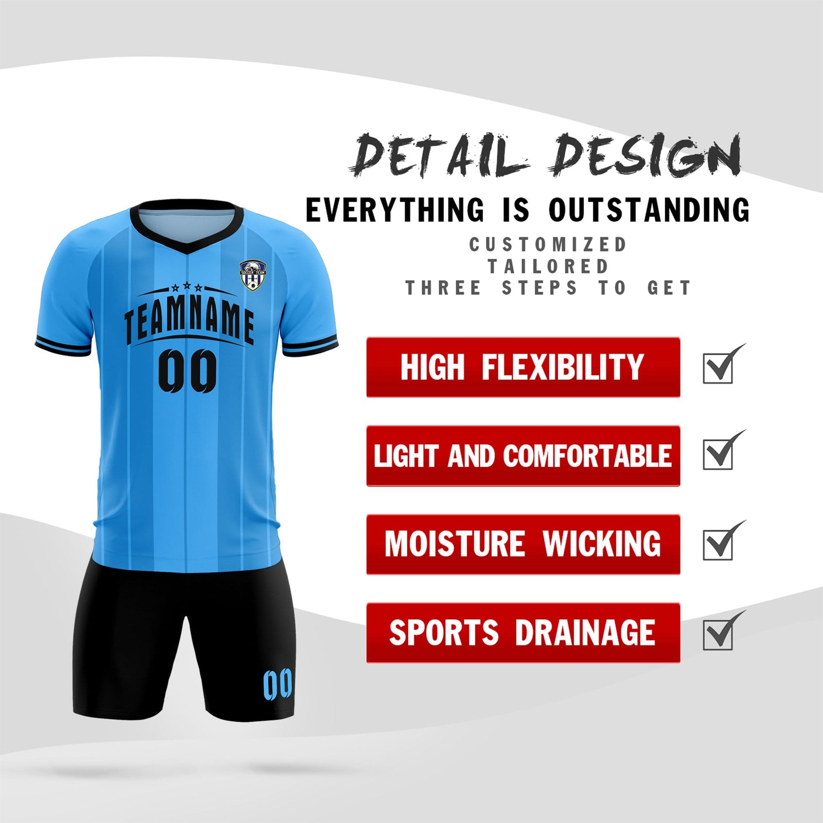 Custom Powder Blue Classic Striped Personalized Soccer Tops/Sets Jersey