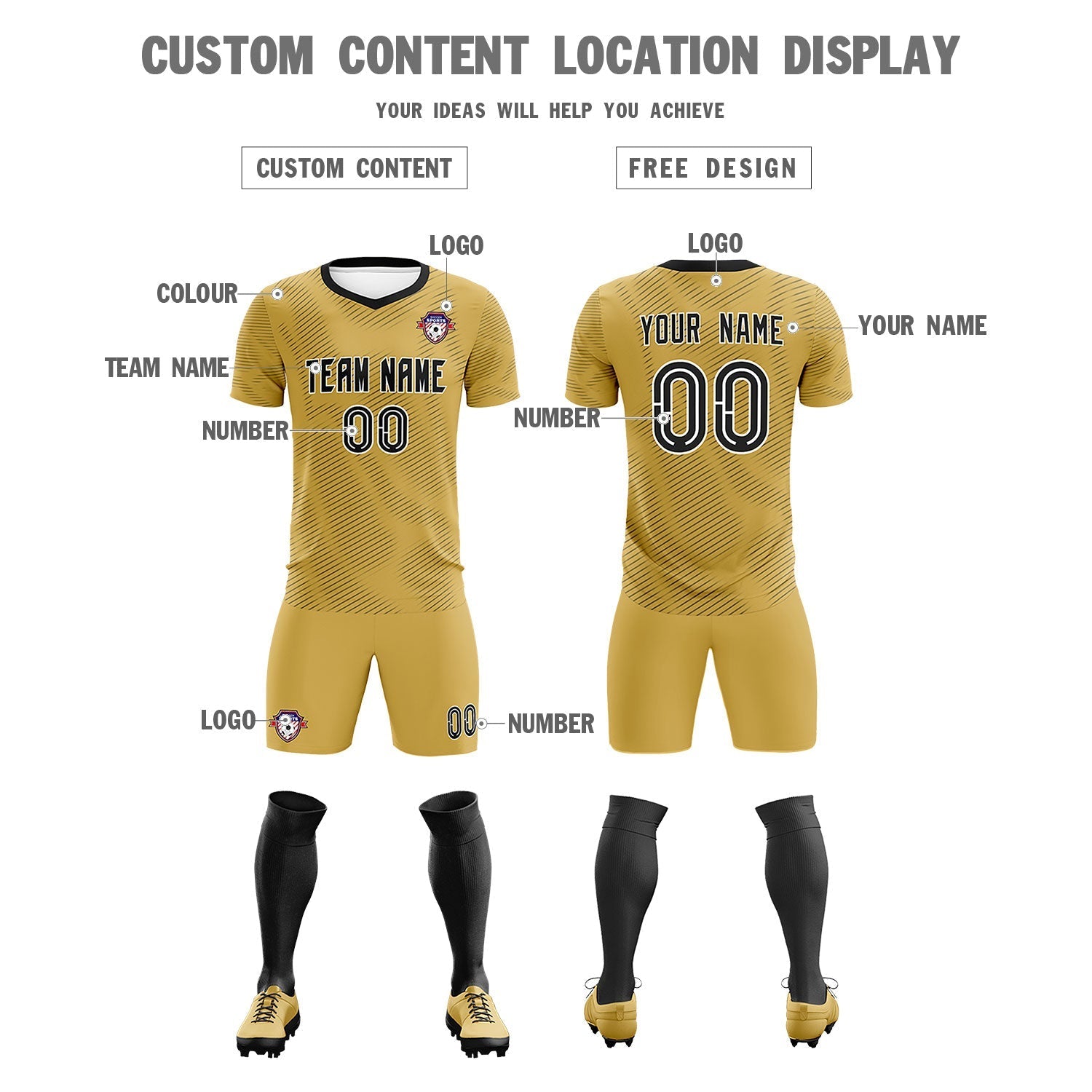 Custom Old Gold Black Training Uniform For Men Soccer Sets Jersey