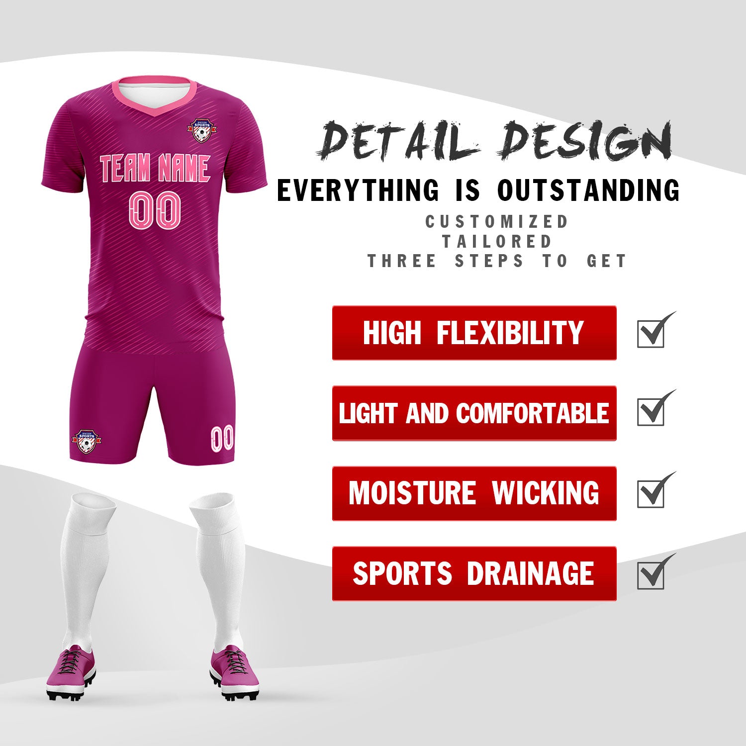 Custom Rose Red Pink Training Uniform For Men Soccer Sets Jersey