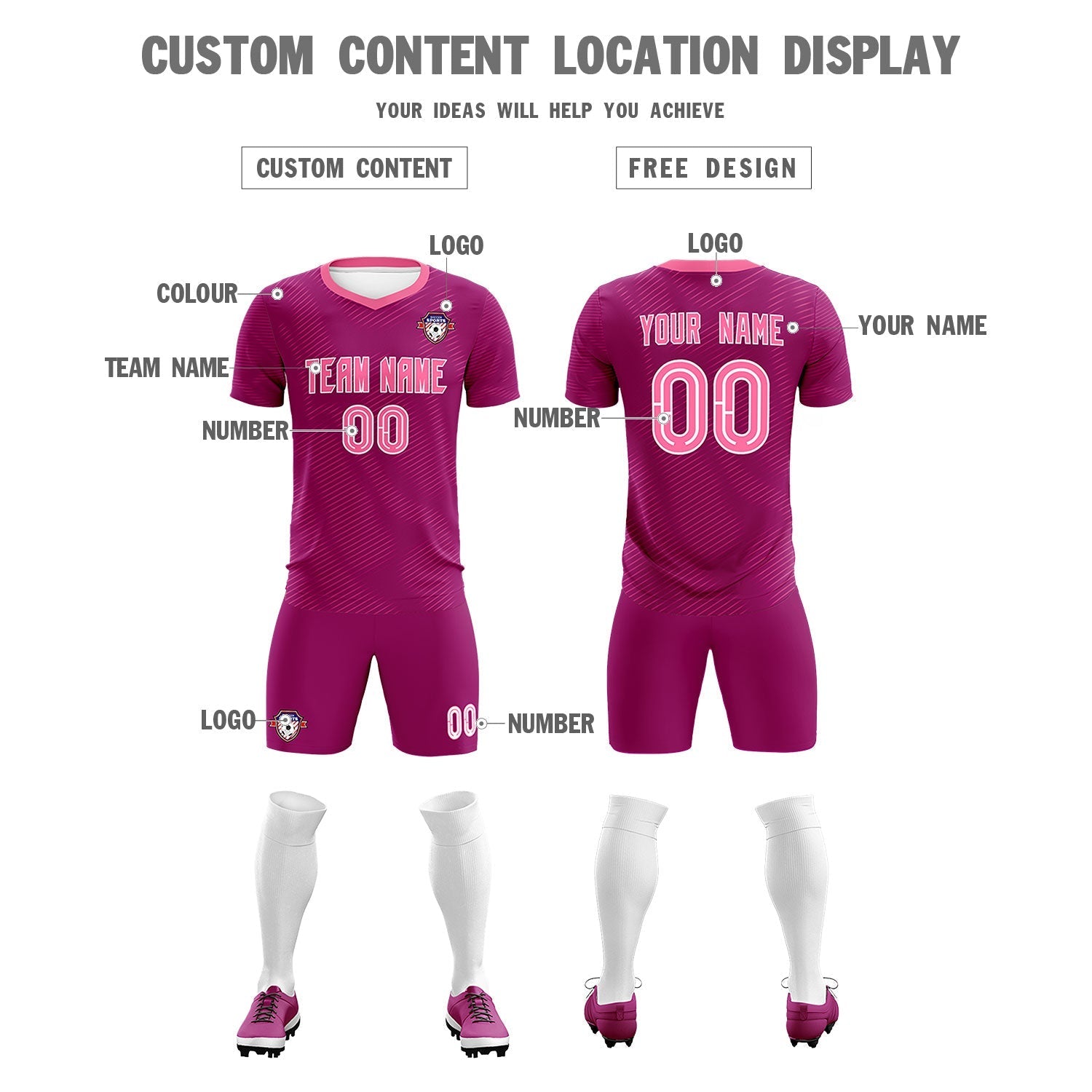 Custom Rose Red Pink Training Uniform For Men Soccer Sets Jersey