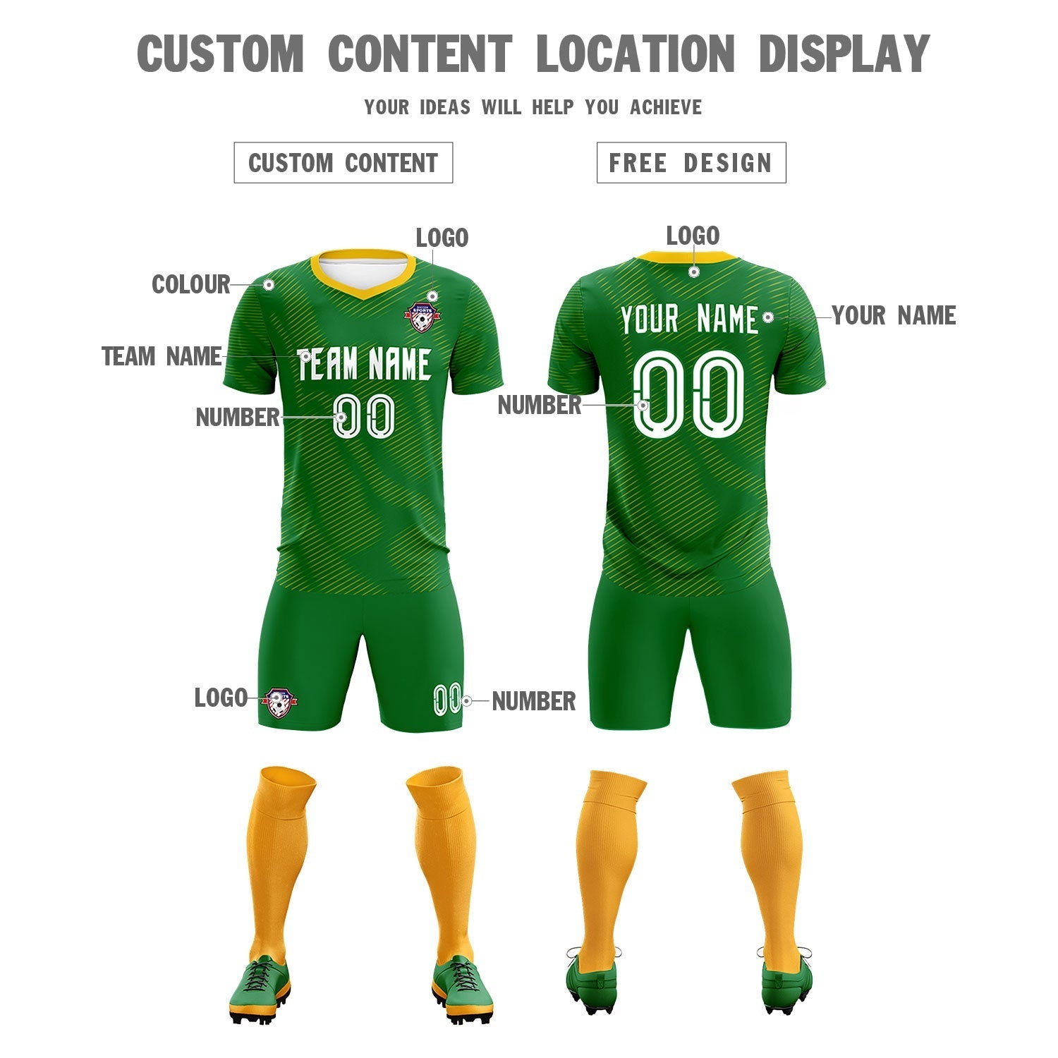 Custom Kelly Green Yellow Training Uniform For Men Soccer Sets Jersey