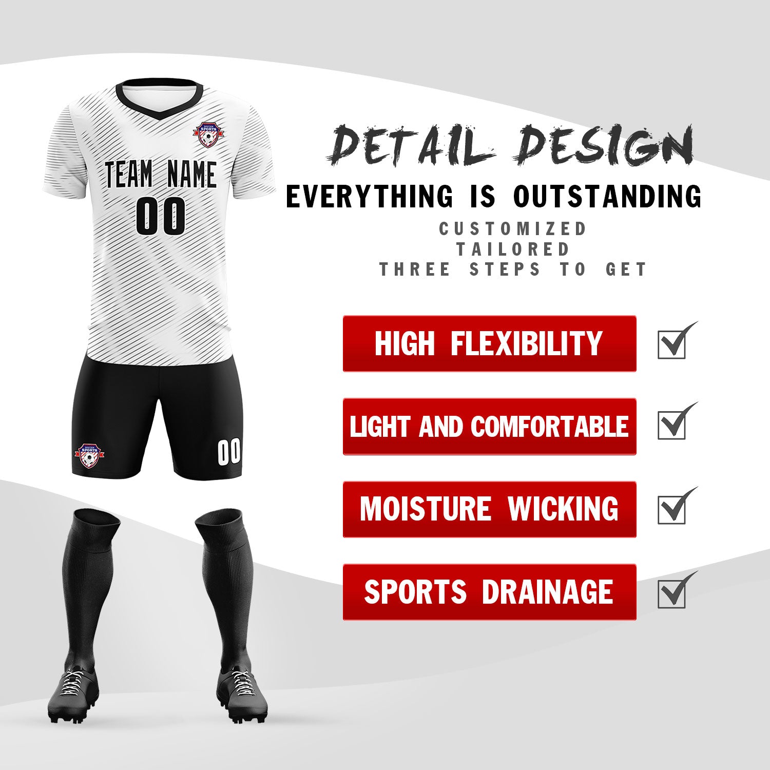 Custom White Black Training Uniform For Men Soccer Sets Jersey
