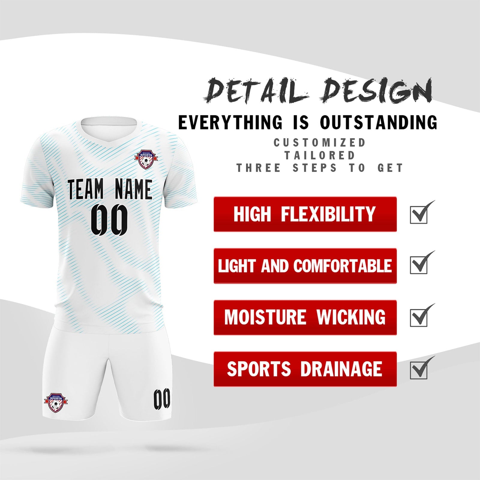 Custom White Sky Blue Training Uniform For Men Soccer Sets Jersey